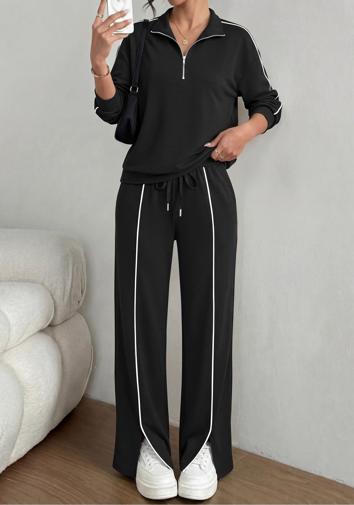 BTFBM 2 Piece Sets for Women Lounge Set Fall Outfits 2 Piece Outfits,Long Sleeve,Solid,Half Zip,Wide Leg Pants,Matching Sets Women Clothing,Tracksuits,Pants Set