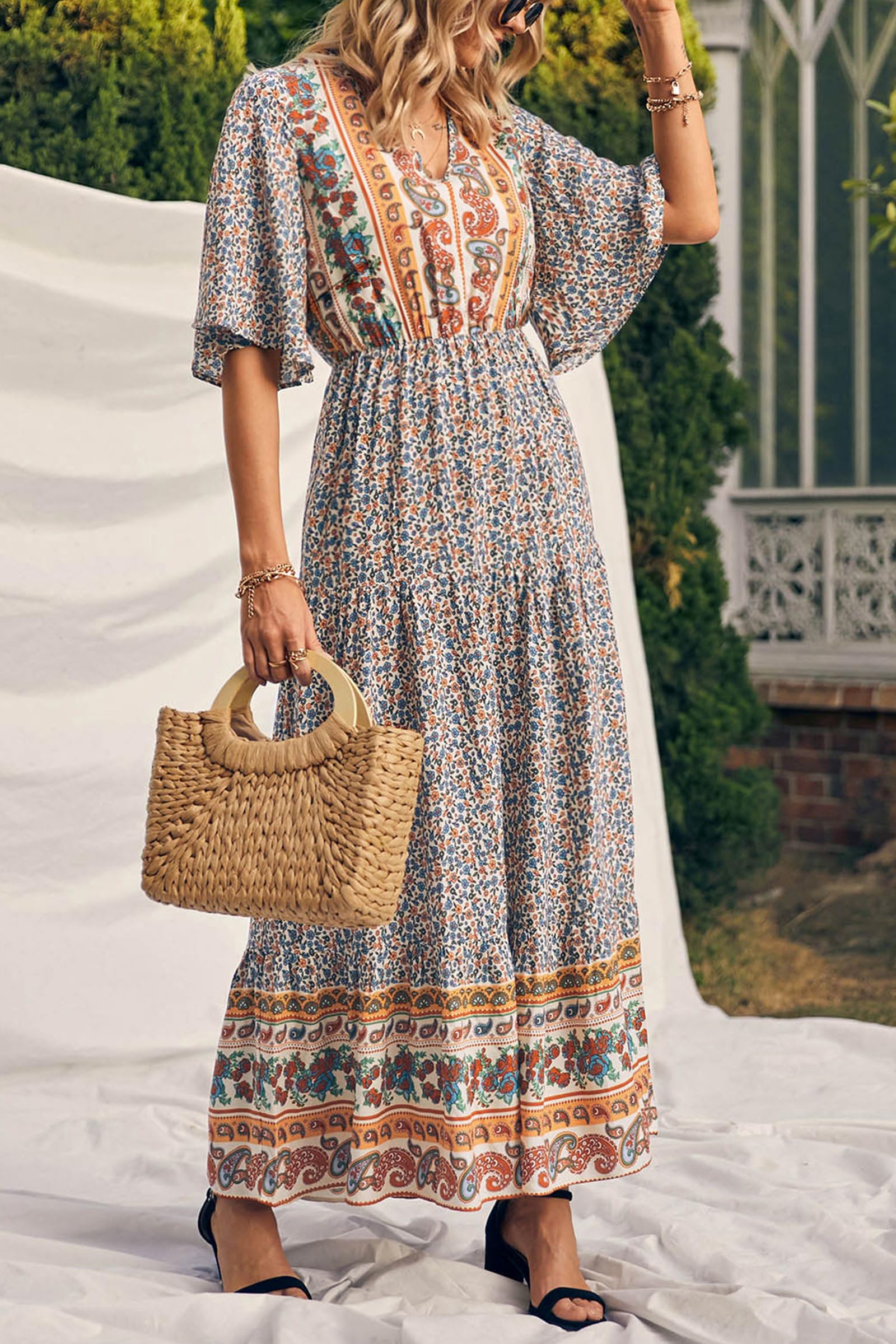 PRETTYGARDEN Women's Casual Summer Boho Floral Print Dress V Neck Short Sleeve High Waist Long Maxi Beach Dresses
