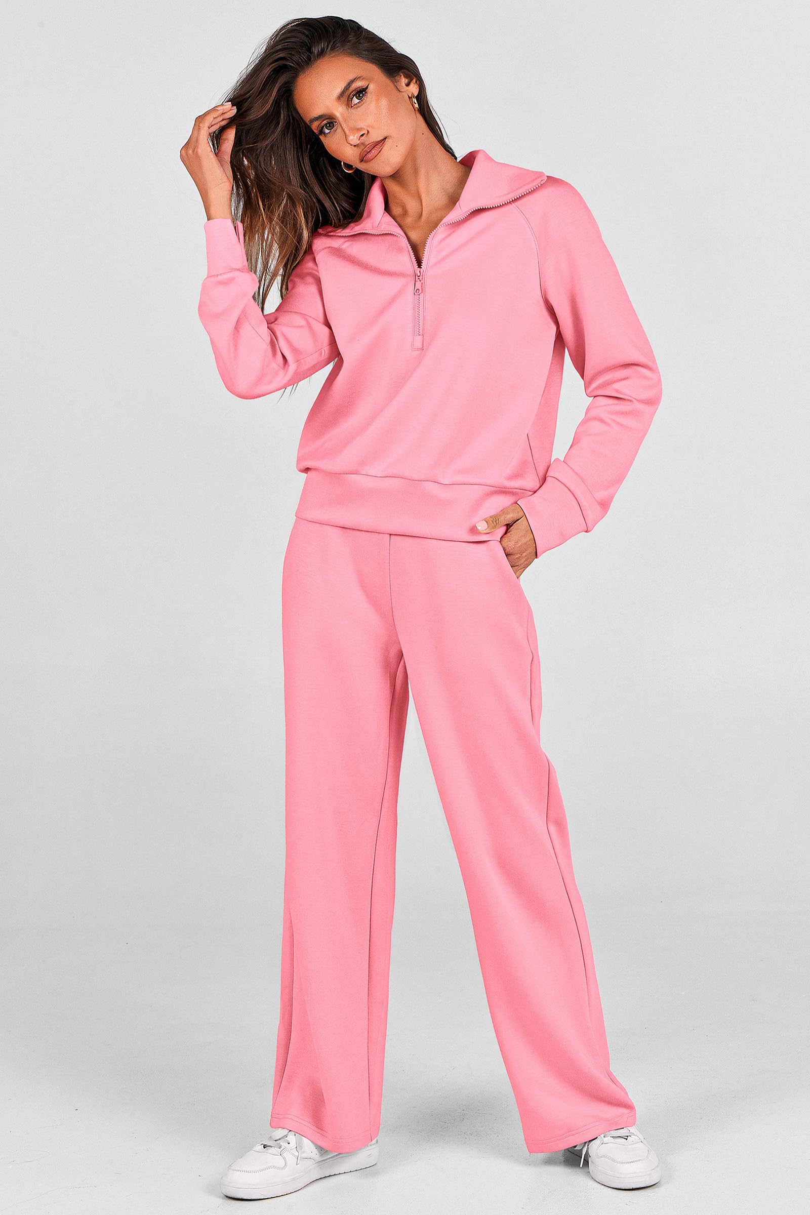 PRETTYGARDEN Women's 2 Piece Outfits Casual Lapel Half Zip Sweatshirts and Wide Leg Pants Tracksuit Sets