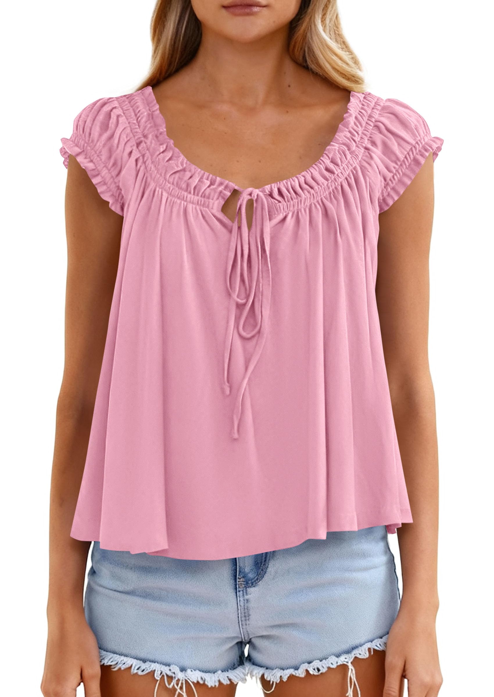 PRETTYGARDEN Women Babydoll Tops Summer Clothes Cap Sleeve Tie Front Flowy Tank Top Peplum Blouses Cute Going Out Shirts