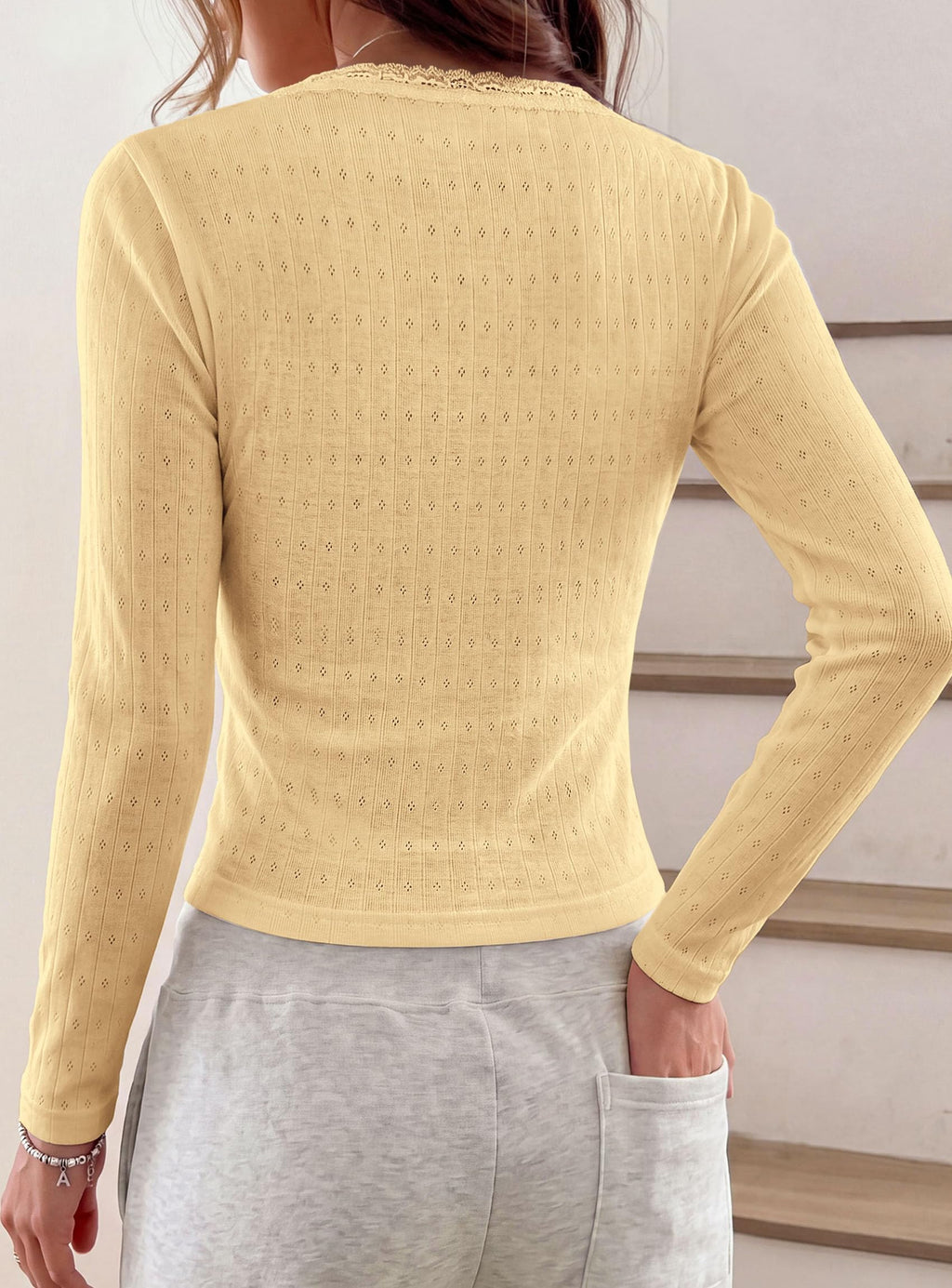 PRETTYGARDEN Womens Long Sleeve Henley Shirts Going Out Tops Lace Trim Square Neck, Slim Fitted Basic Tees, Soft Comfy Jacquard Fabric, Casual Wear, Fall Outfits, Y2K Fashion Clothing