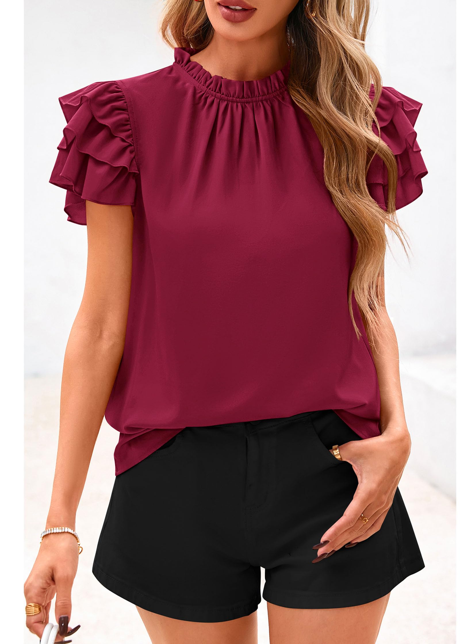 FreshPretty Blouses for Women Dressy Casual Spring Summer Ruffle Short Sleeve Mock Neck Work Shirts Tops Fashion Clothing