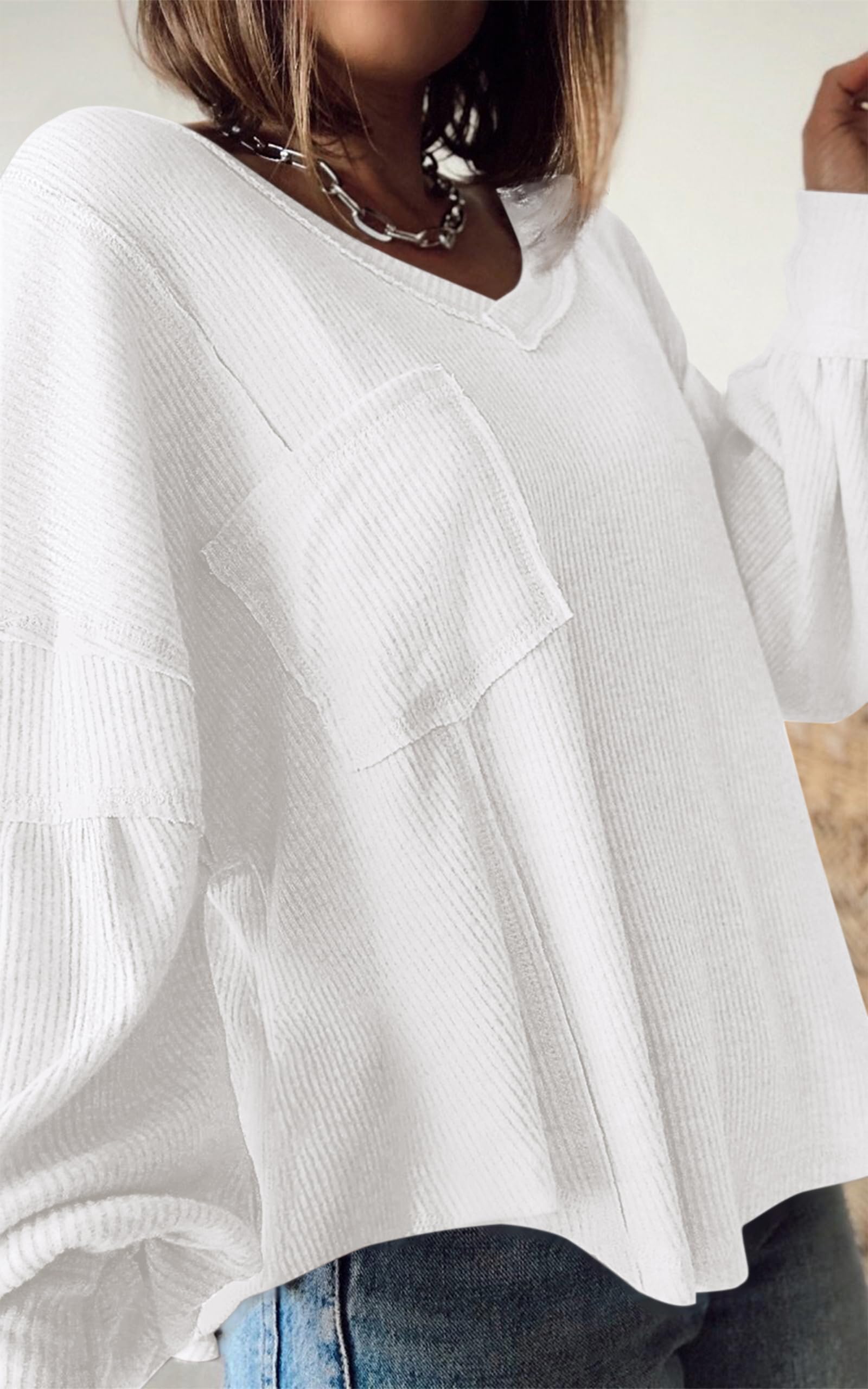 FreshPretty Womens Fall Fashion Long Sleeve Shirts Casual V Neck Ribbed Knit Blouses Pullover Trendy Loose Fit Tunic Tops