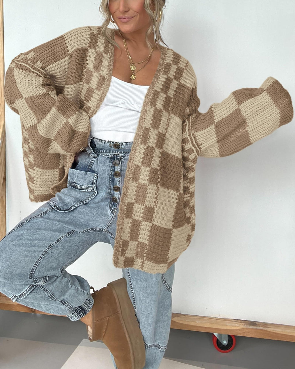 FreshPretty Casual Cardigan Sweater for Women Fall Long Sleeve Open Front Chunky Knit Sweaters Checkered Outwear Coat
