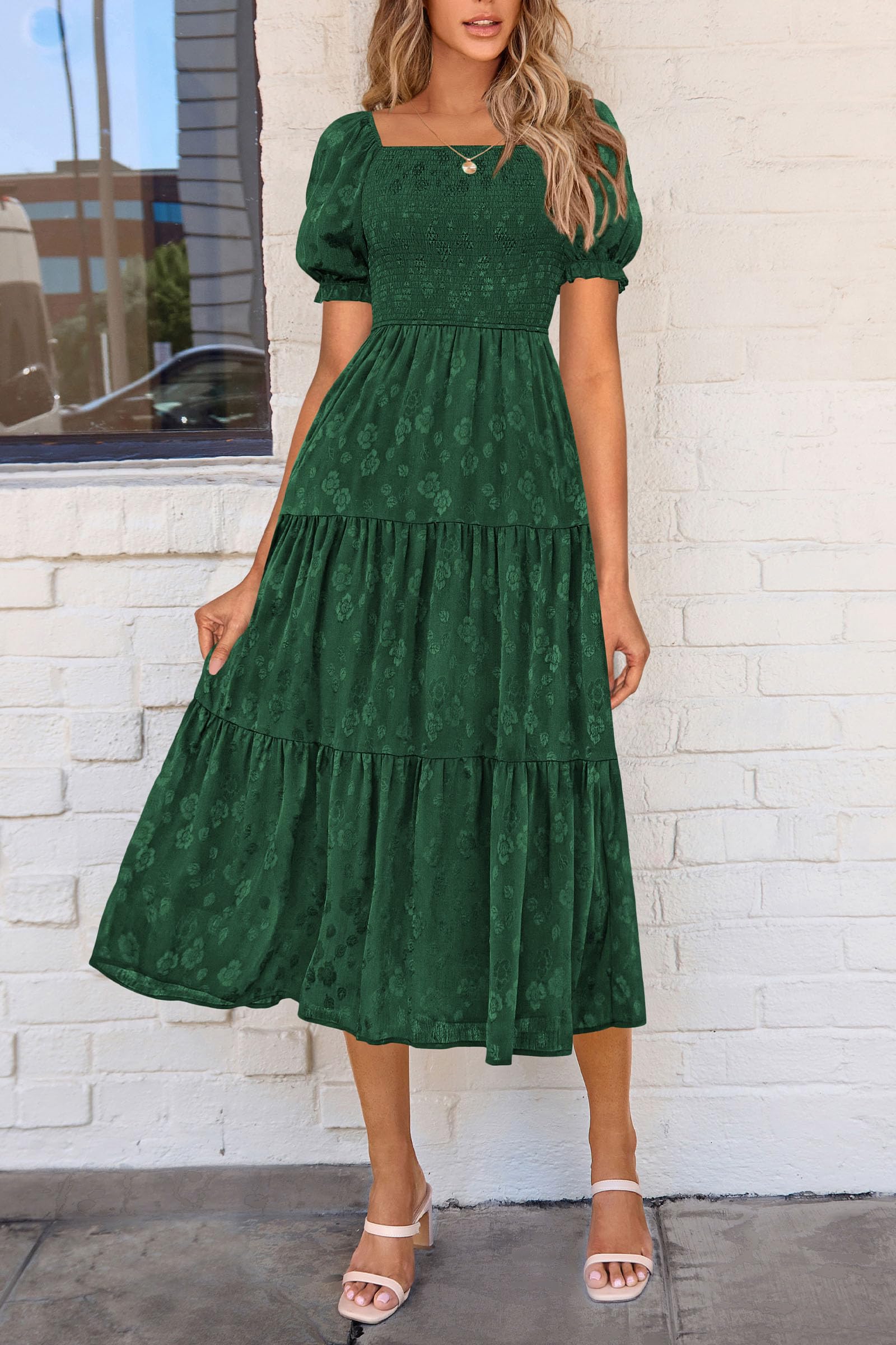 PRETTYGARDEN Women's Summer Casual Midi Dresses Square Neck Short Sleeve Smocked A Line Floral Flowy Elegant Boho Dress