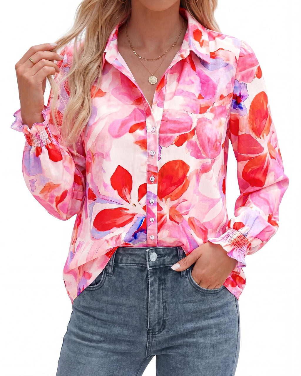 BTFBM Long Sleeve Blouses for Women, Floral V Neck Button Down Shirts, Smocked Cuffs, Business Casual Summer Outfits