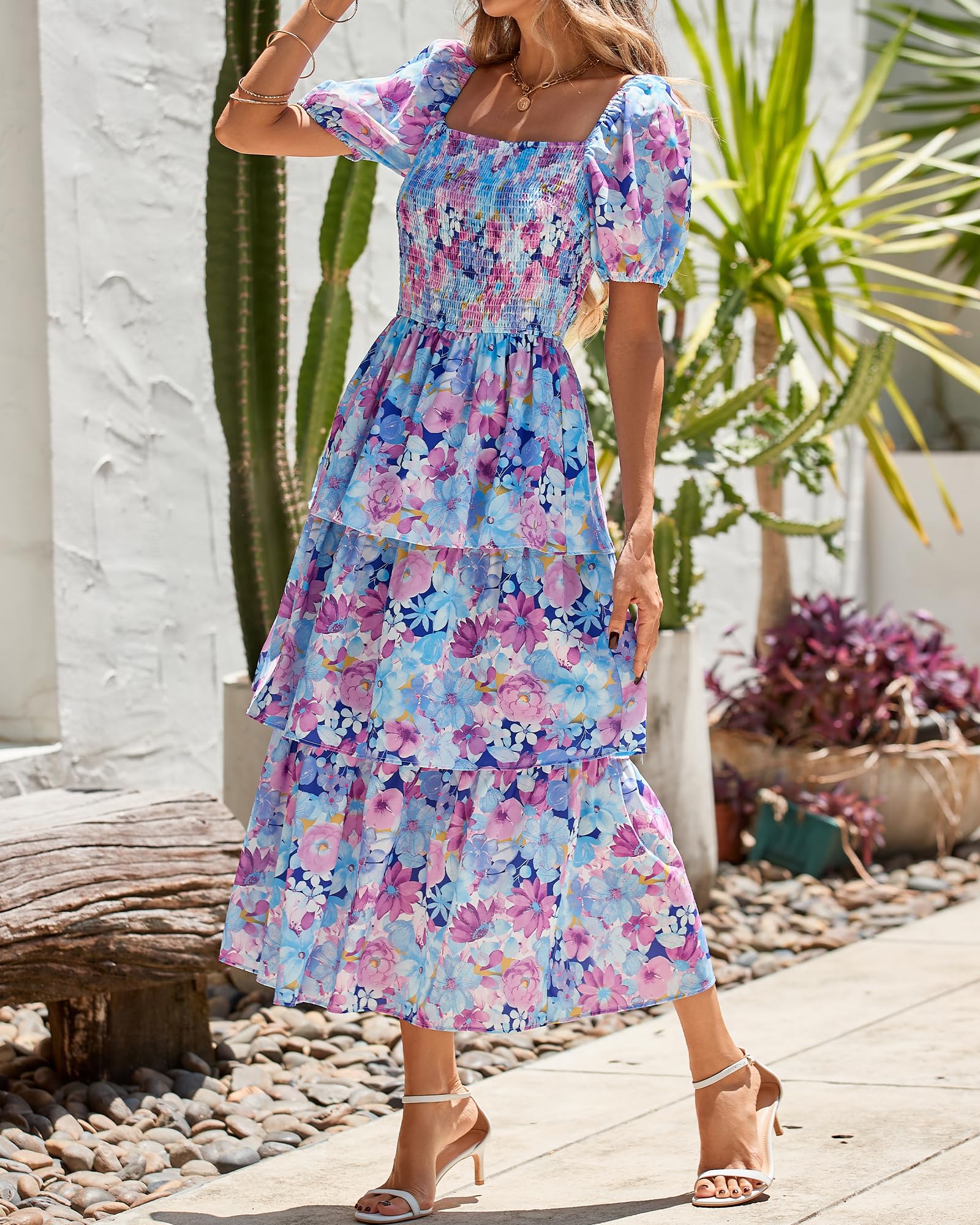 BTFBM Womens Square Neck Smocked Dress Summer Puff Short Sleeve Floral Casual Ruffle Tiered Maxi Wedding Guest Dresses