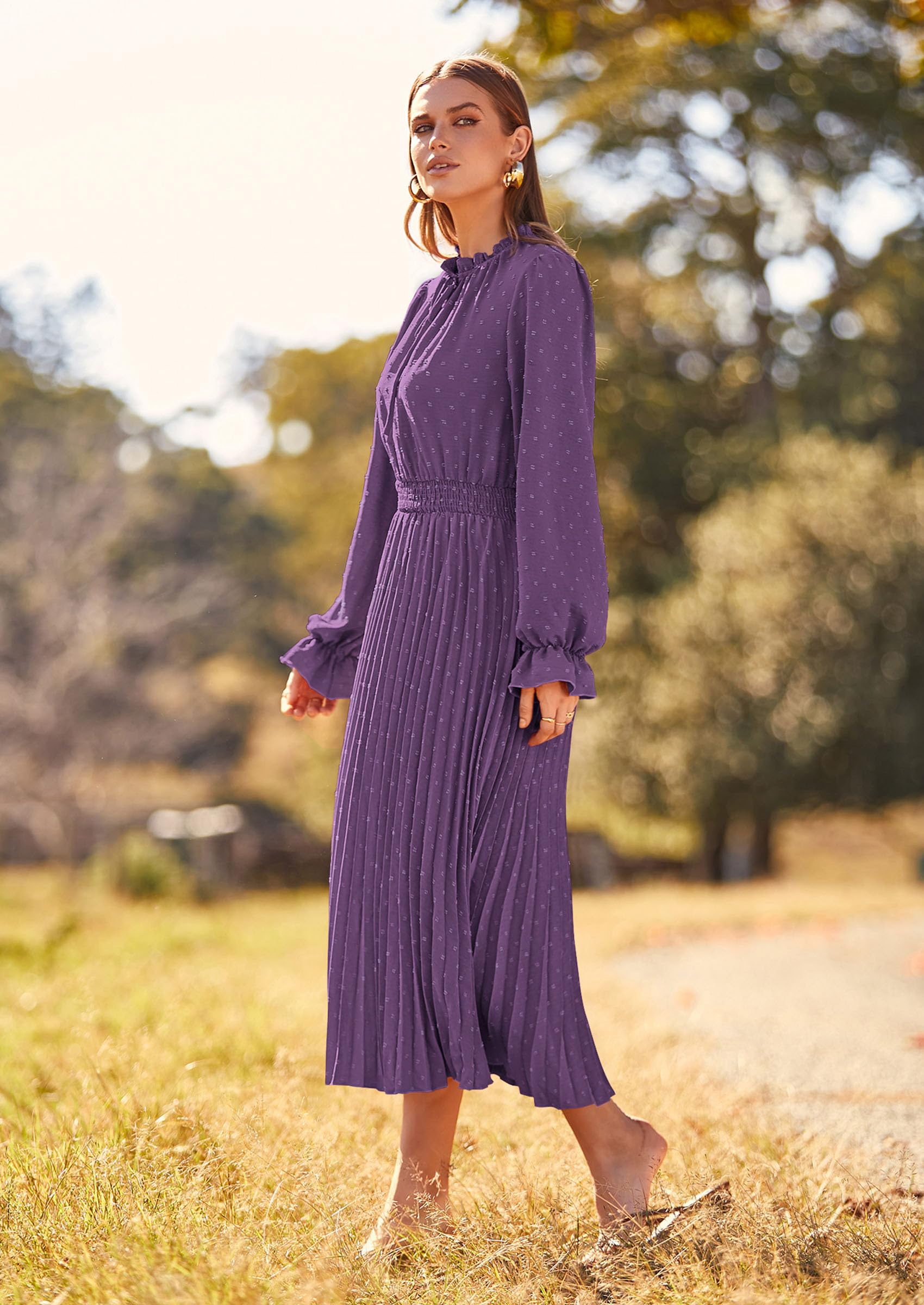 PRETTYGARDEN Women's Spring Fall Midi Dress Casual Long Sleeve V Neck Swiss Dot Pleated A Line Flowy Dresses