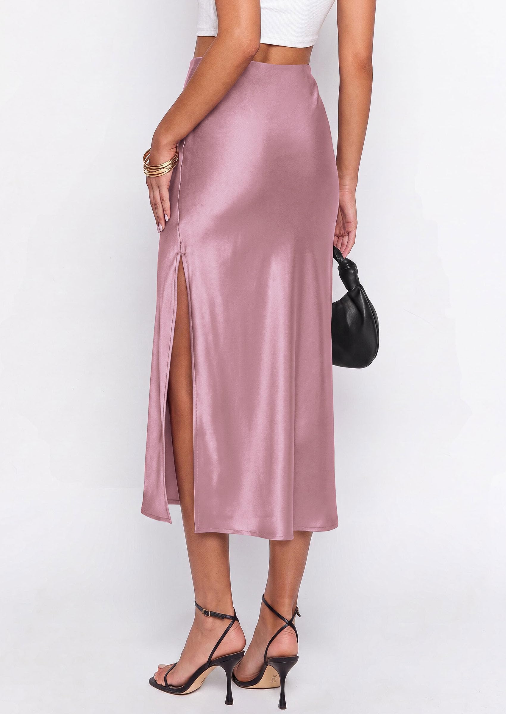 PRETTYGARDEN Womens Satin Skirt Summer Silk Business Casual High Waisted A Line Flowy Work Wedding Cocktail Midi Skirts