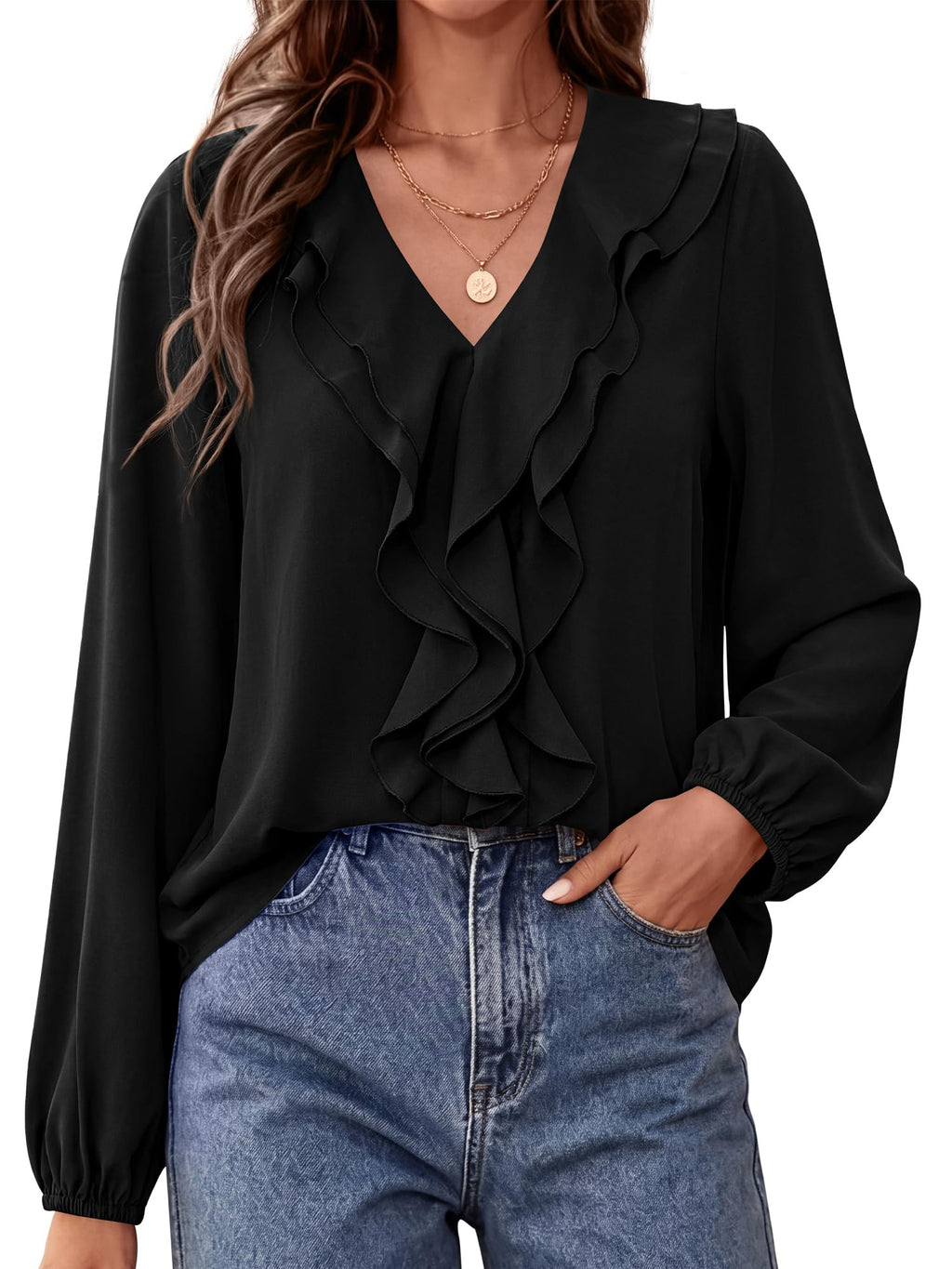 BTFBM Womens Fall Tops Ruffle Blouses Dressy Casual | Double Ruffled Collar V Neck Long Sleeve Shirts, Lightweight Fashion Clothing Trendy, Daily Business Office Work Clothes