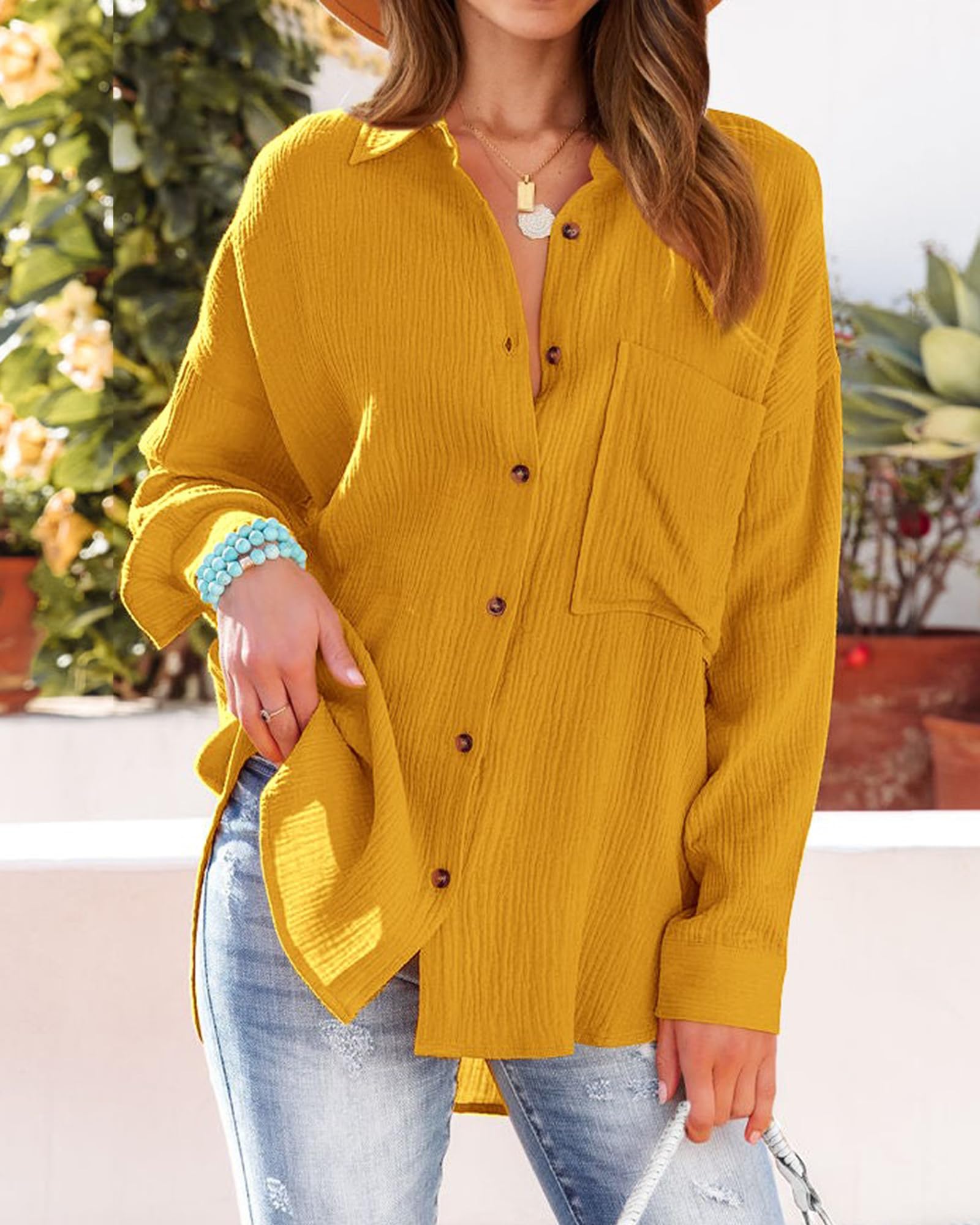 FreshPretty Casual Shirts for Women Long Sleeve Button Down Blouses Fall Solid Color Trendy Tops with Pocket