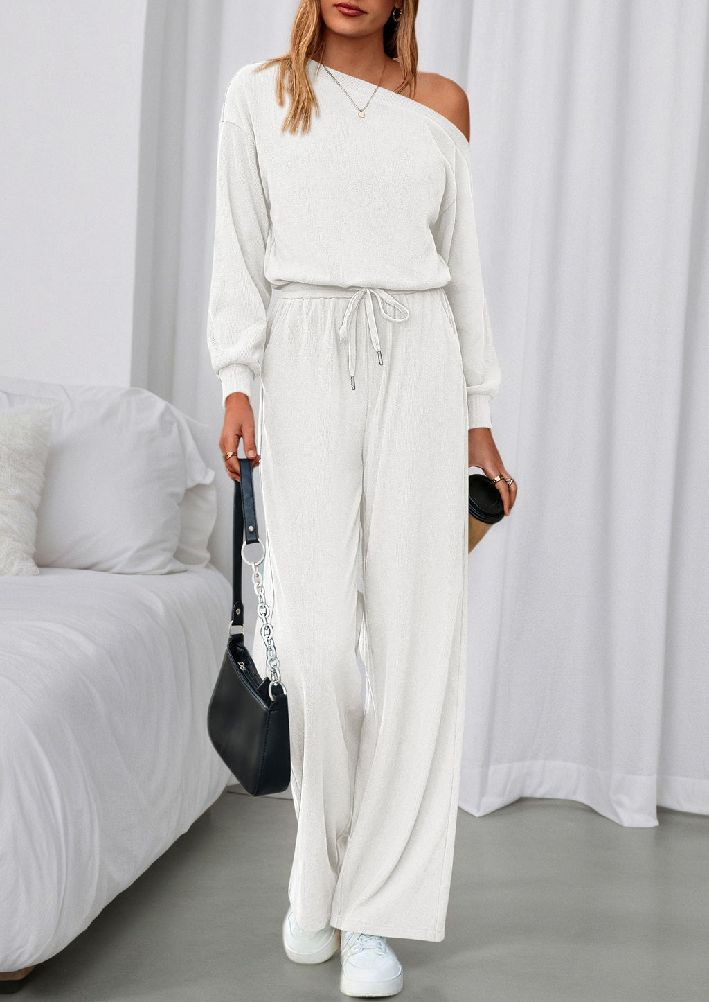 PRETTYGARDEN Long Sleeve Jumpsuit For Women Dressy Off Shoulder One Piece Loose Wide Leg Jumpsuits Casual Flowy Romper