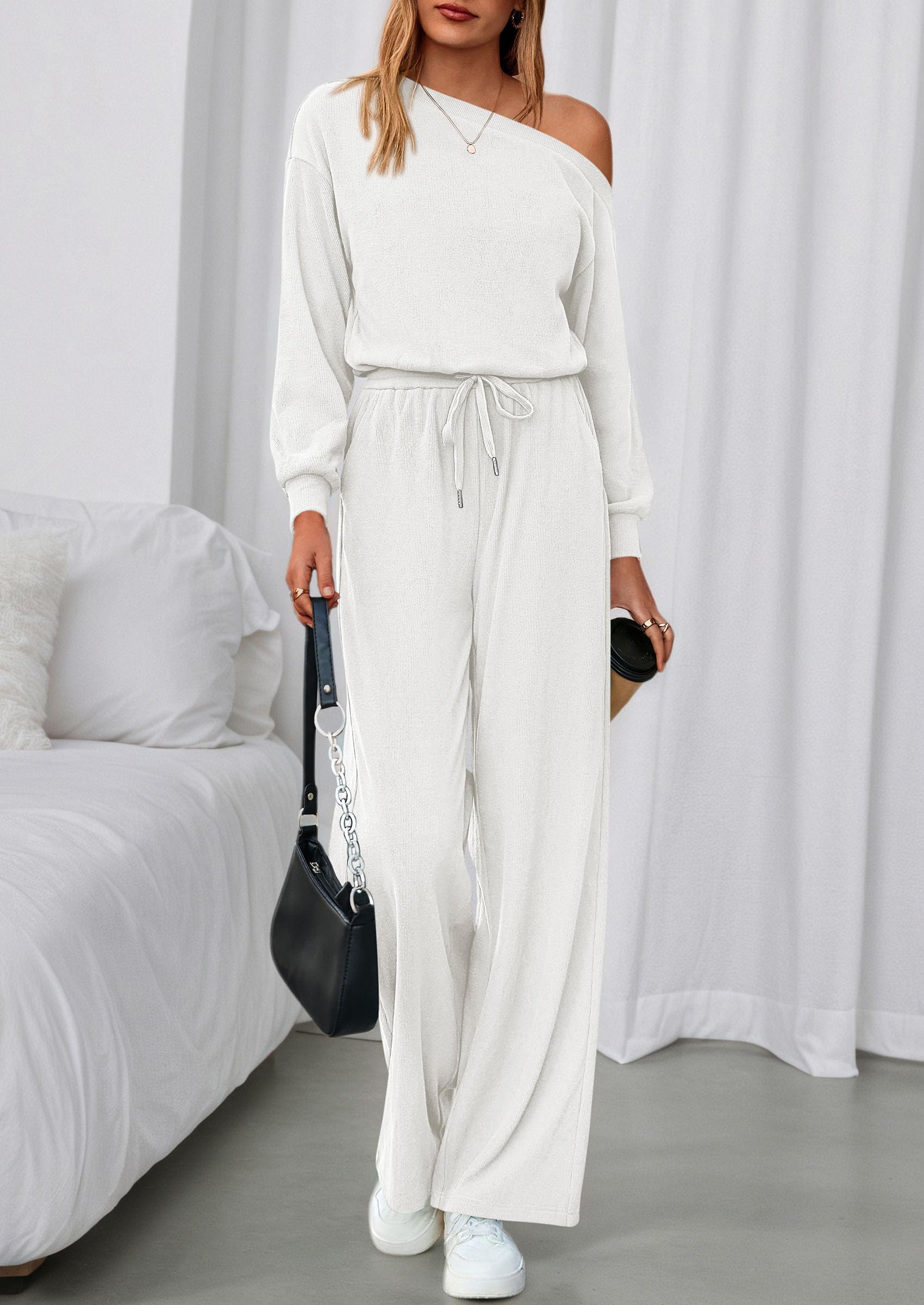 PRETTYGARDEN Long Sleeve Jumpsuit For Women Dressy Off Shoulder One Piece Loose Wide Leg Jumpsuits Casual Flowy Romper