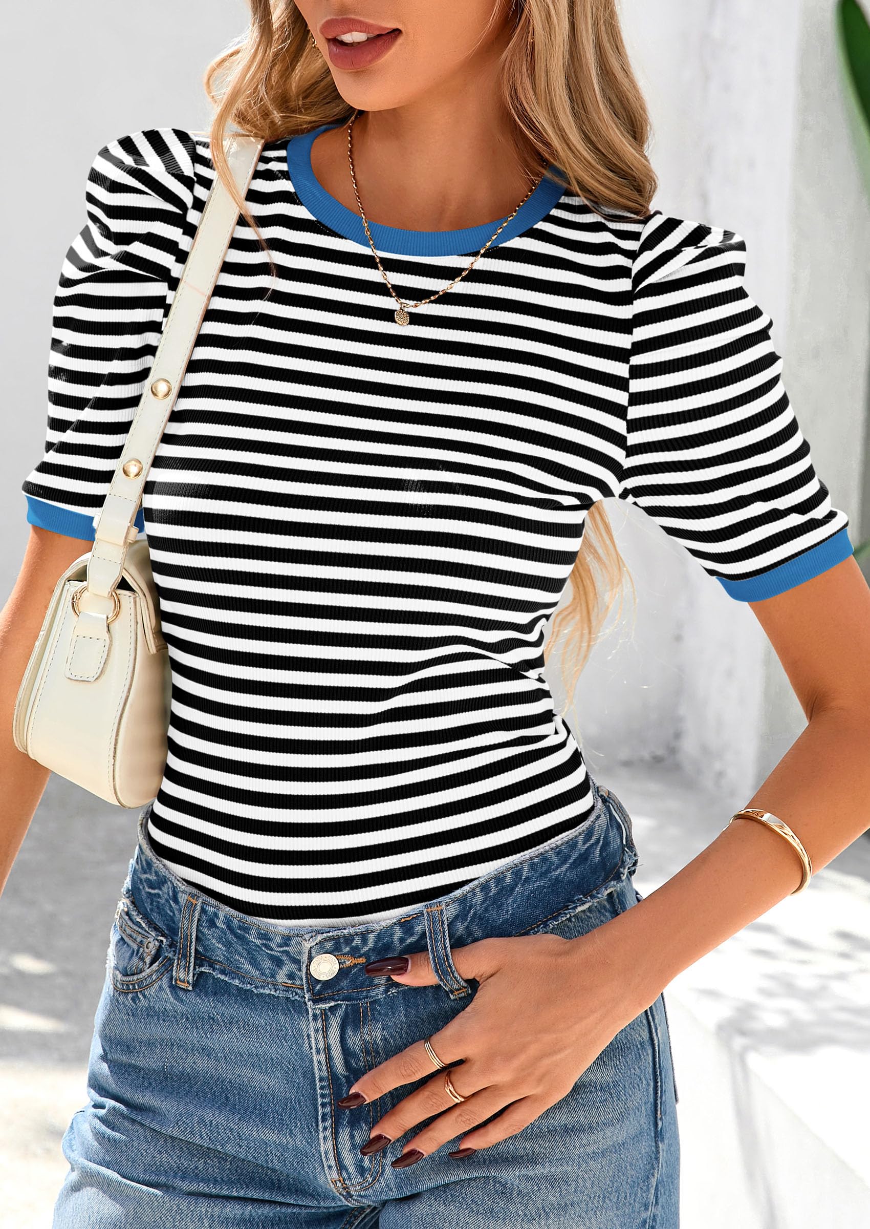 PRETTYGARDEN Women's Summer Puff Sleeve Tops Casual Ribbed Knit Crop Top Color Block Trendy Crewneck Striped Shirts