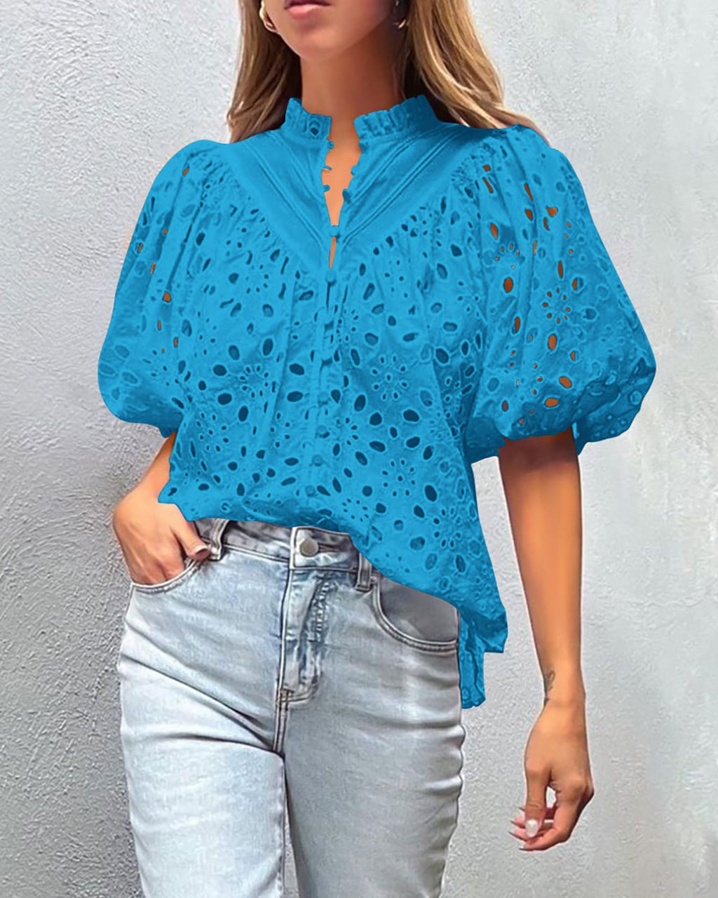 PRETTYGARDEN Women's Summer Tops Dressy Casual Short Sleeve V Neck Buttons Hollow Out Lace Embroidered Blouses Shirts