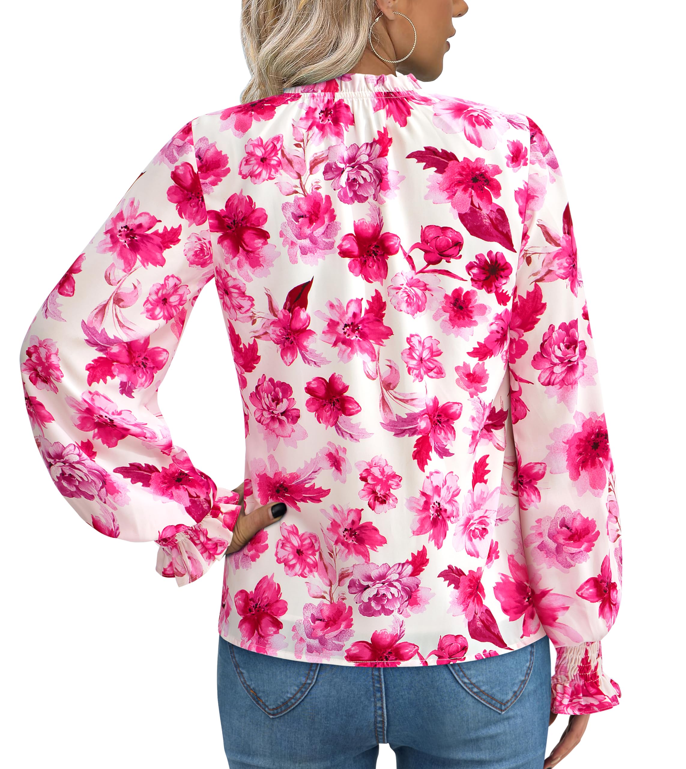 FreshPretty Womens V Neck Floral Long Sleeve Tops Summer Casual Loose Puff Sleeve Chiffon Boho Work Blouse Dressy T Shirts
