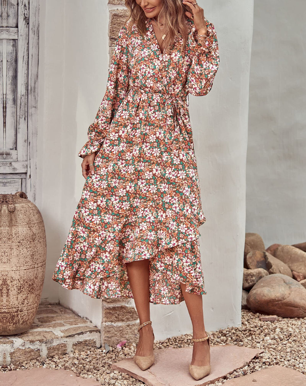 BTFBM Womens Dresses Summer V Neck Floral High Waist Ruffle Wedding Guest Cocktail Boho Spring Long Sleeve Dress
