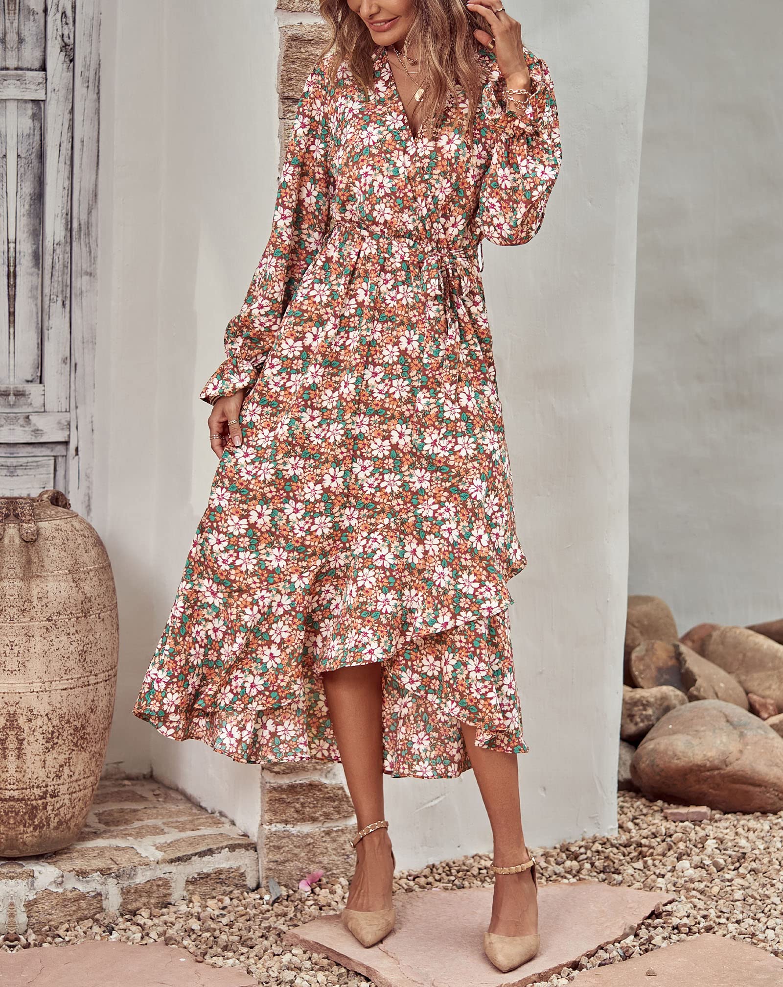 BTFBM Womens Dresses Summer V Neck Floral High Waist Ruffle Wedding Guest Cocktail Boho Spring Long Sleeve Dress