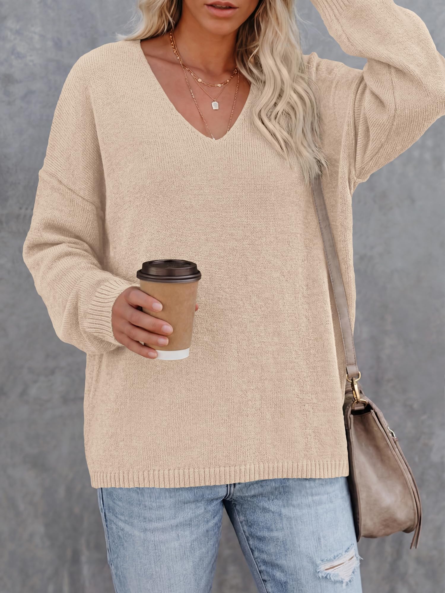 BTFBM Women's Loose Knitted Casual Sweaters | V Neck,Long Sleeve Sweater,Slouchy Pullover Tops,Fall Winter Clothes