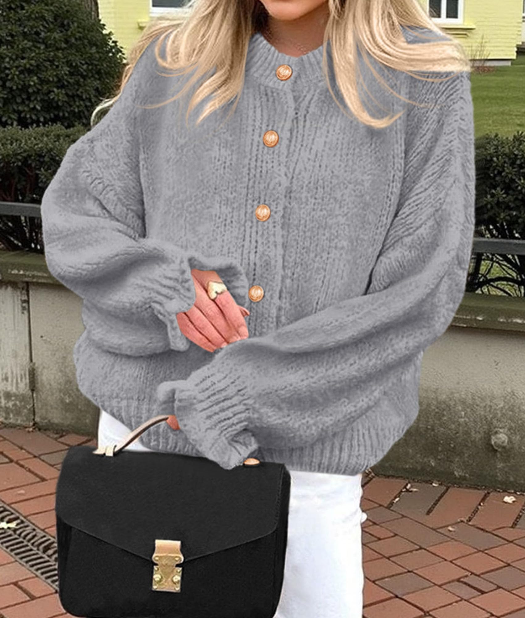 PRETTYGARDEN Womens Cropped Cardigans Trendy Ruffle Open Front Chunky Knit Sweater Oversized Button Down Fall Clothes