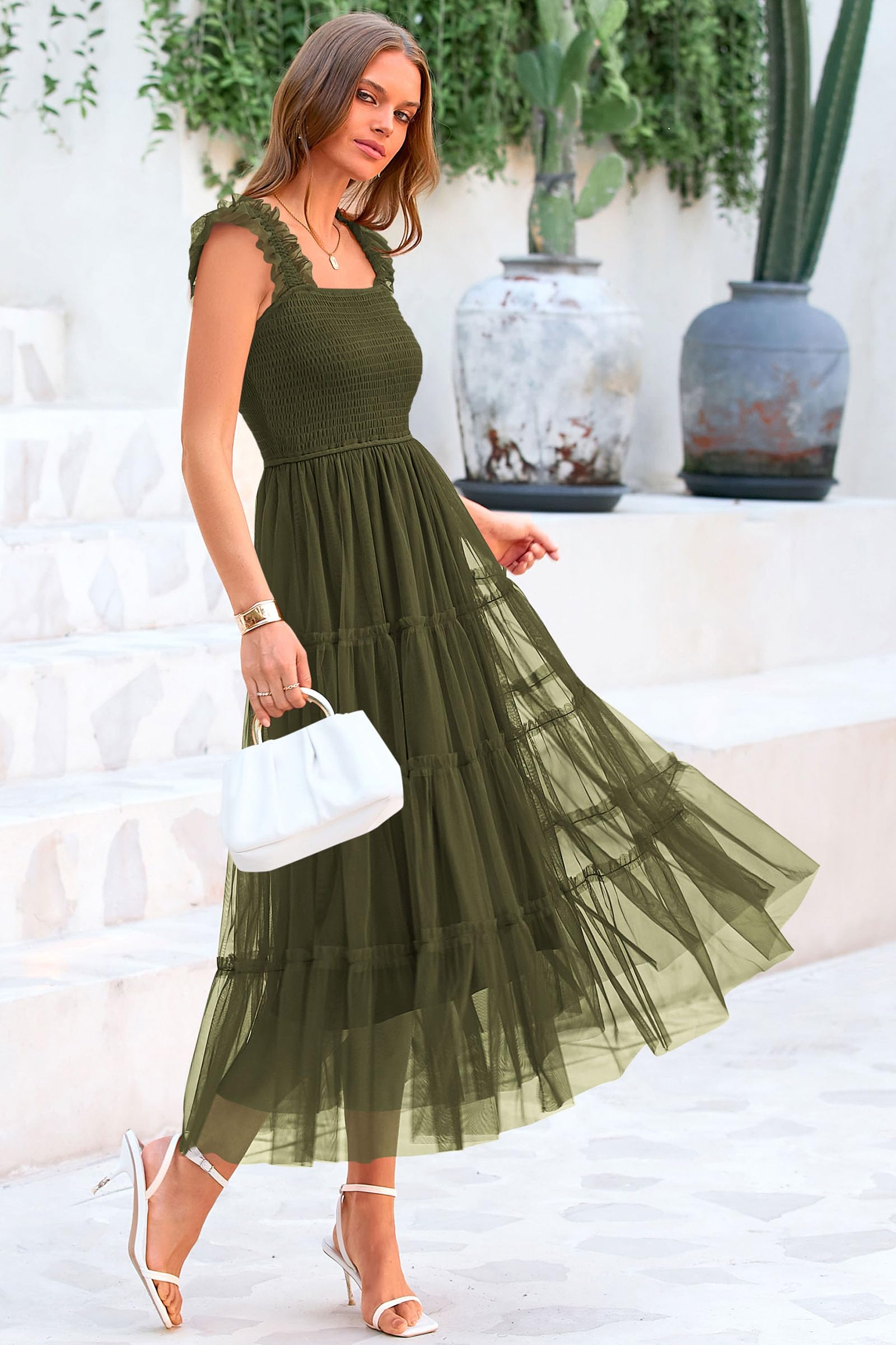 PRETTYGARDEN Women's Summer Tulle Midi Dress Sleeveless Smocked Ruffle Flowy Mesh Dresses Party Wedding Guest Sundress