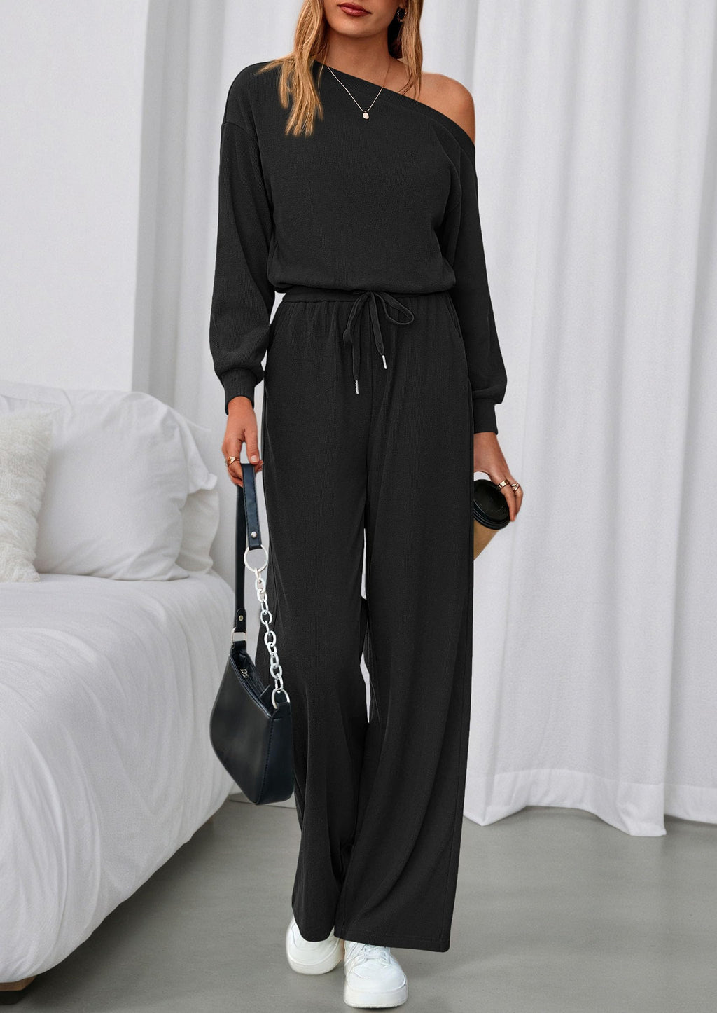 PRETTYGARDEN Long Sleeve Jumpsuit For Women Dressy Off Shoulder One Piece Loose Wide Leg Jumpsuits Casual Flowy Romper