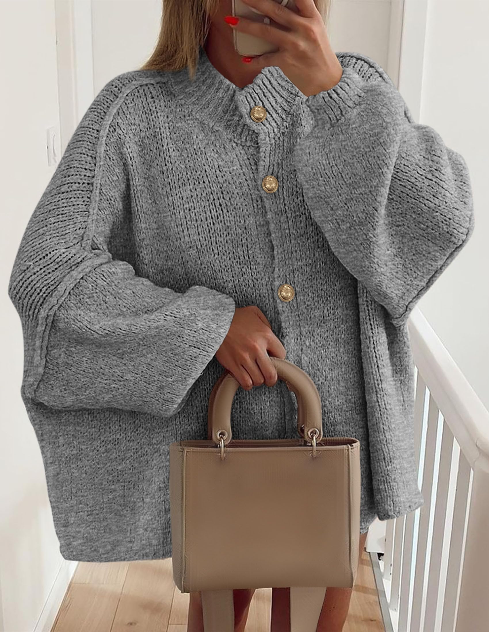 PRETTYGARDEN Women's Winter Button Down Cardigan Sweaters Mock Neck Lantern Long Sleeve Chunky Knit Jacket Trendy Outerwear