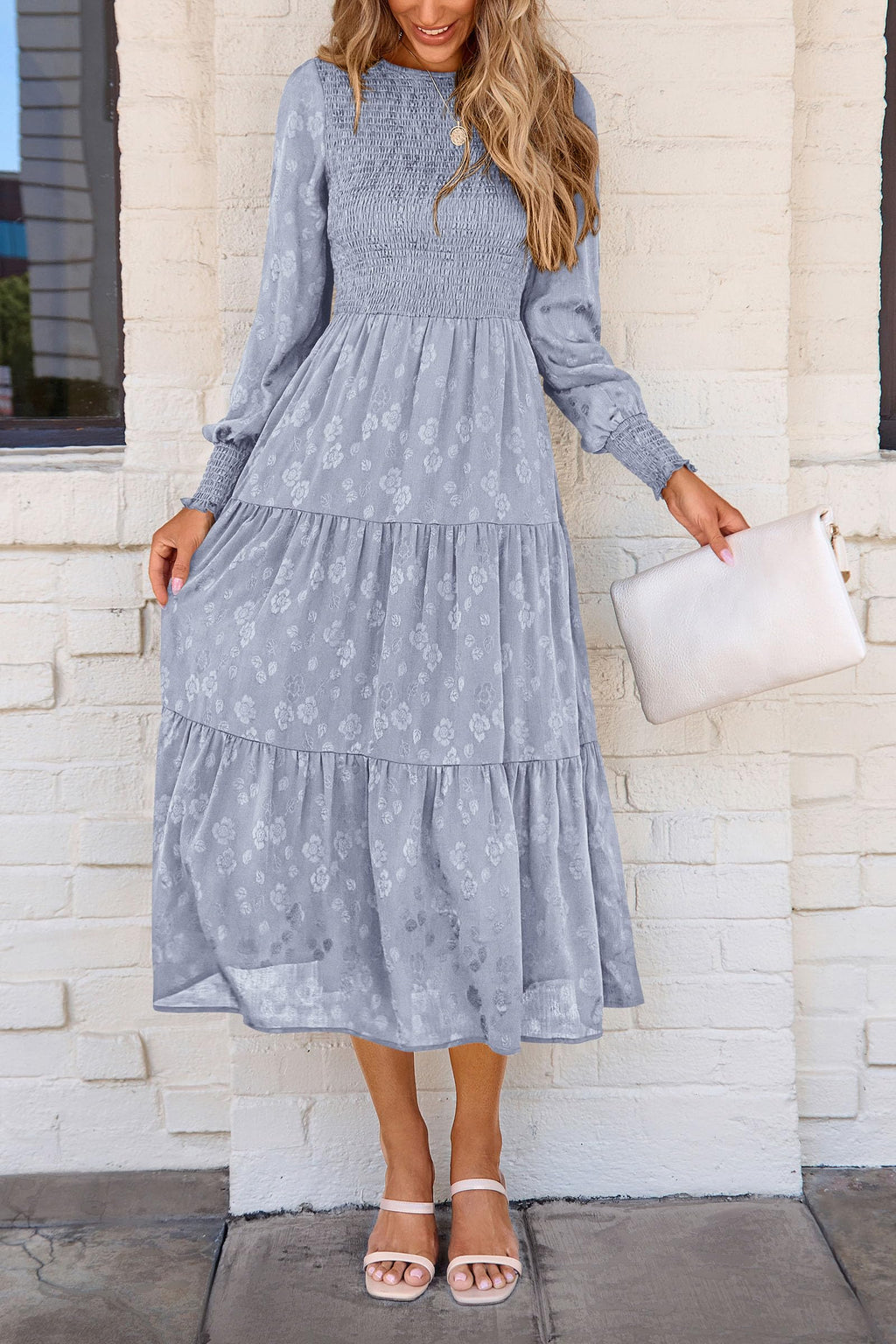 PRETTYGARDEN Women's Fall Spring Midi Dress Long Sleeve Floral Smocked Elegant Wedding Guest Long Flowy Dresses with Pockets