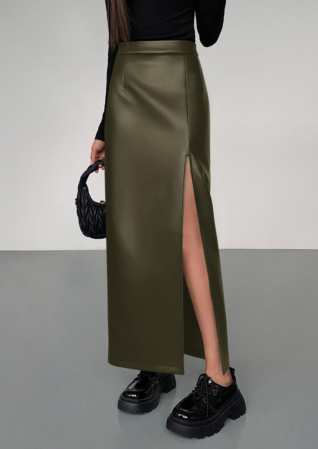 PRETTYGARDEN Womens Faux Leather Skirts Fall Fashion Bodycon High Waisted Slit Work Office Winter Maxi Long Pencil Skirt