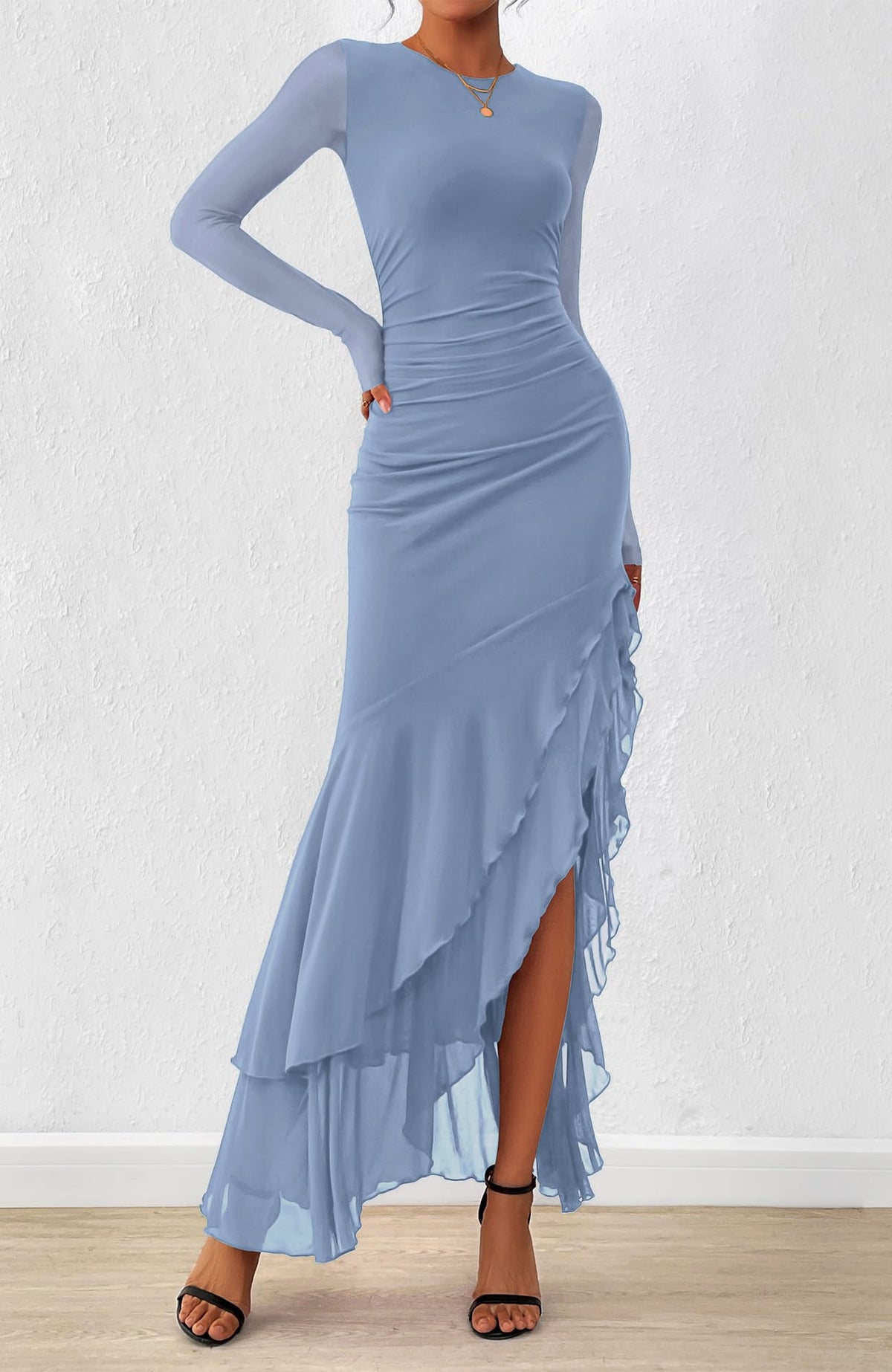 BTFBM Women's Maxi Dresses Fall Long Sleeve Wedding Guest Dress Mesh,Ruched,Bodycon,High Split,Solid Color,Ruffle, Mermaid,Cocktail Dresses,Prom,Party,Homecoming Dress,Fall Outfits