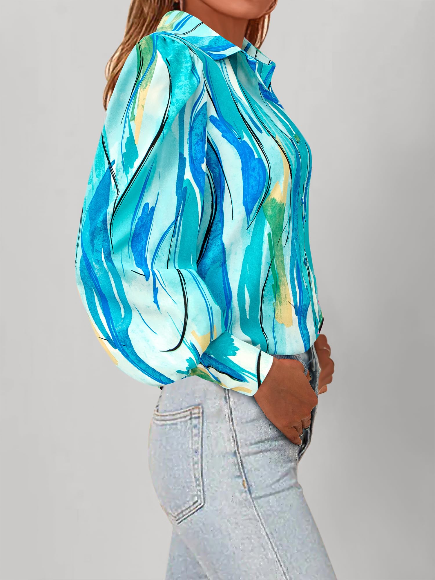 BTFBM Women Fashion Button Down Shirts V Neck Boho Printed Long Sleeve Blouses Dressy Casual Spring Fall Tops