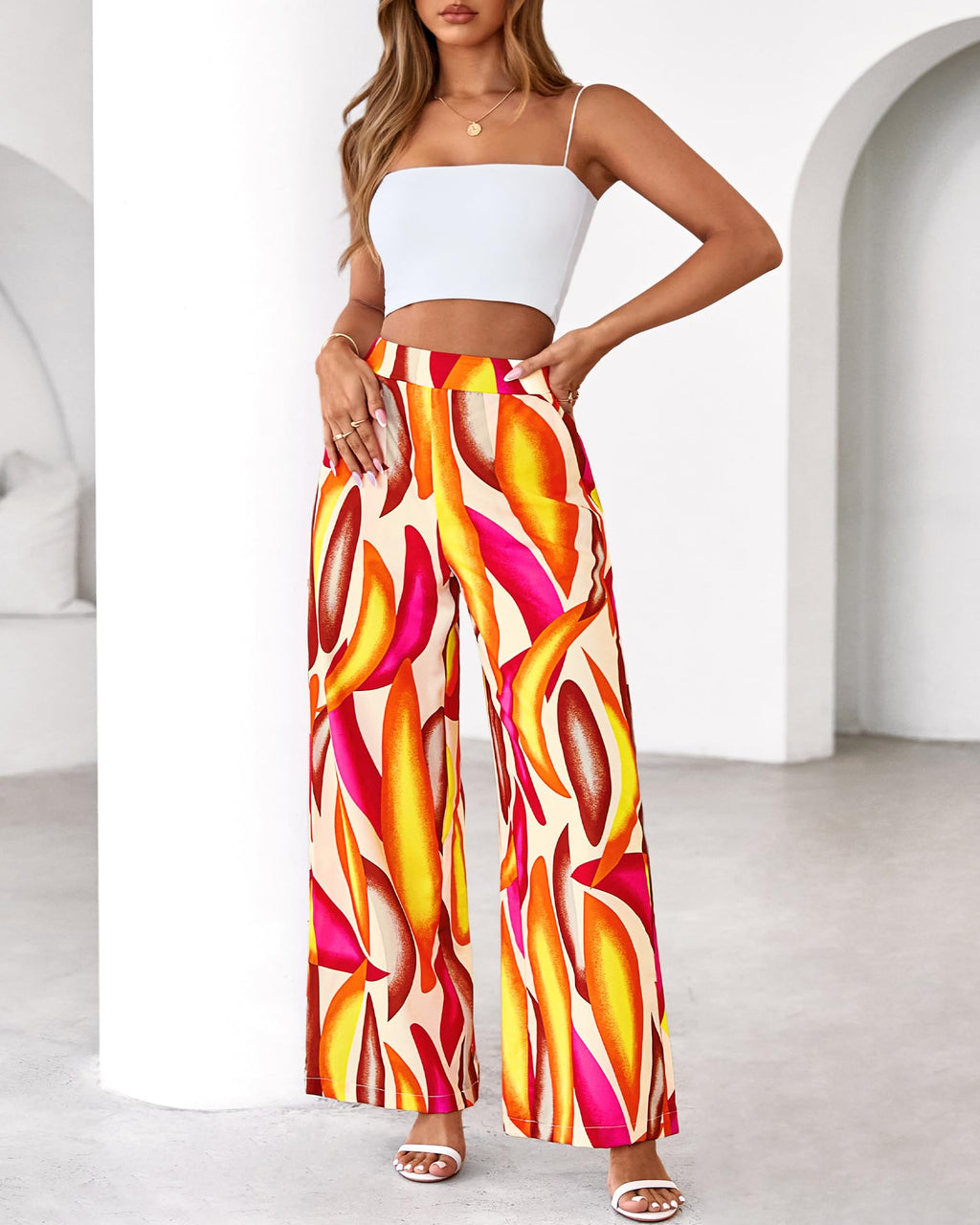 FreshPretty Womens Wide Leg Summer Pants Boho Beach Vacation Loose Elastic Waist Printed Palazzo Pant Pockets