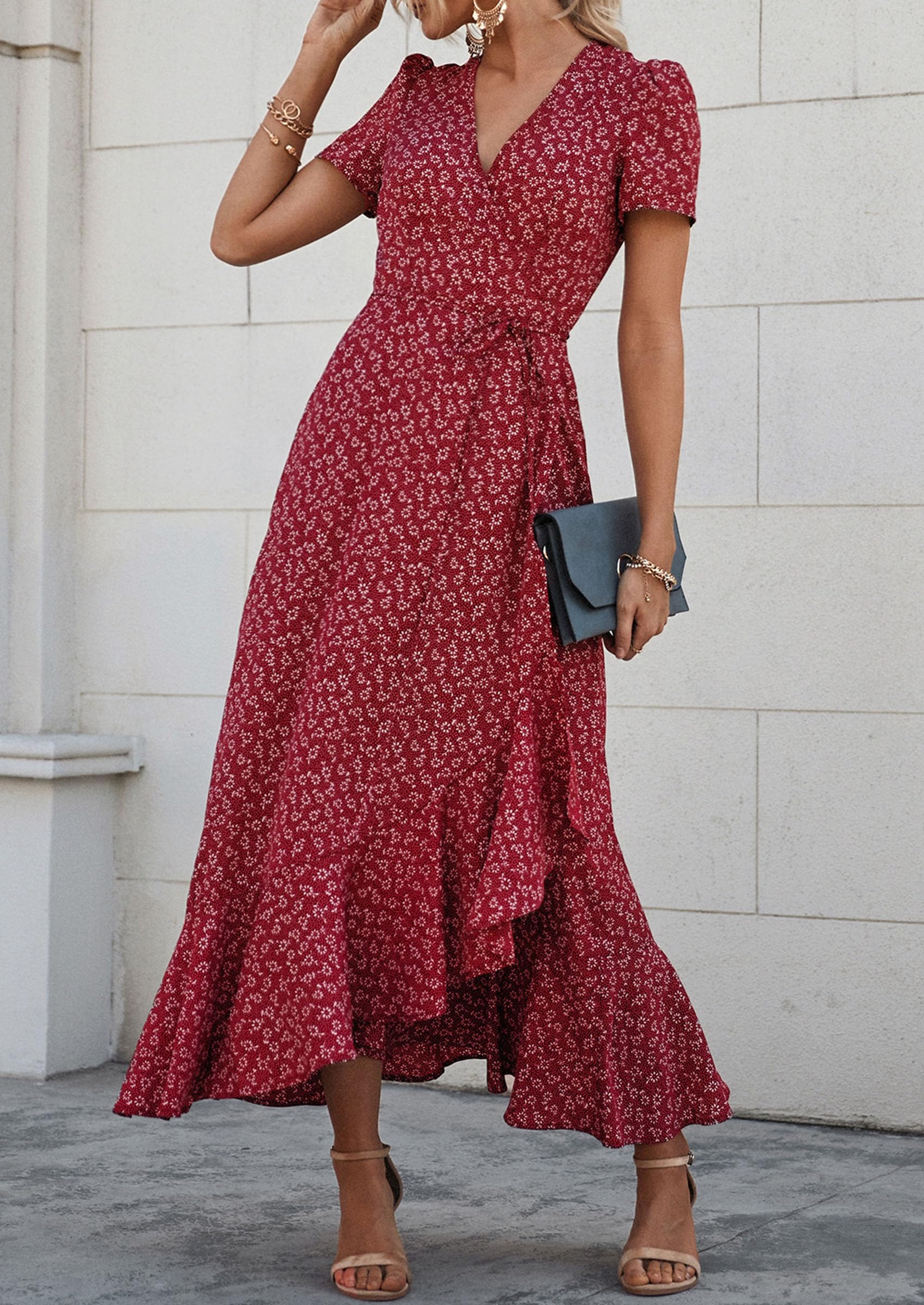 PRETTYGARDEN Women's Summer Maxi Dress Casual Wrap Floral Boho Short Sleeve V Neck Split Ruffle Beach Long Dresses