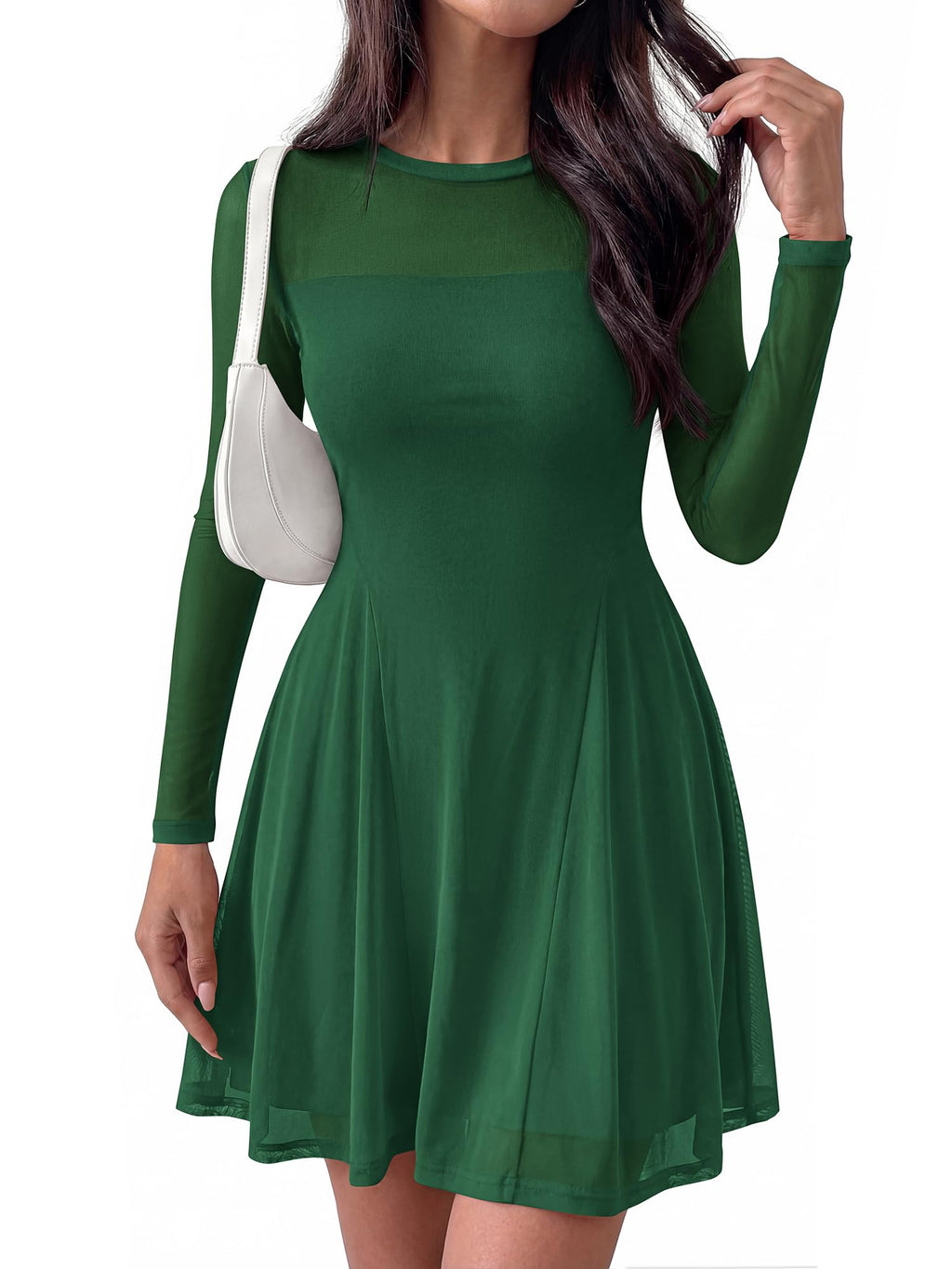 BTFBM Women’s Mini Dress Sheer Mesh Long Sleeve Crew Neck Flowy A Line Casual Cocktail Party Going Out Dresses Fall
