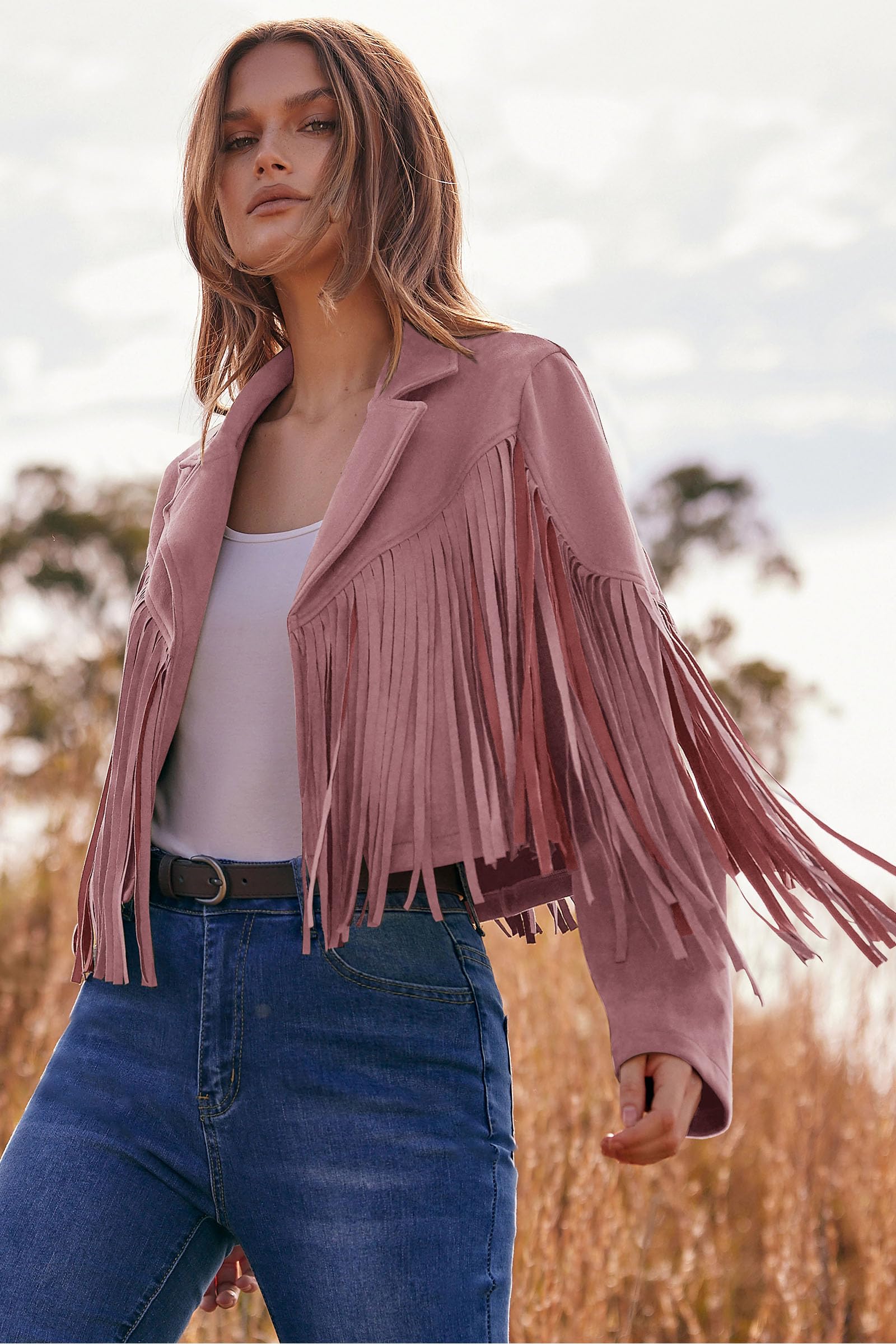 PRETTYGARDEN Women's Fringe Faux Suede Leather Jackets Fall Fashion Tassel Motorcycle Cropped Coats