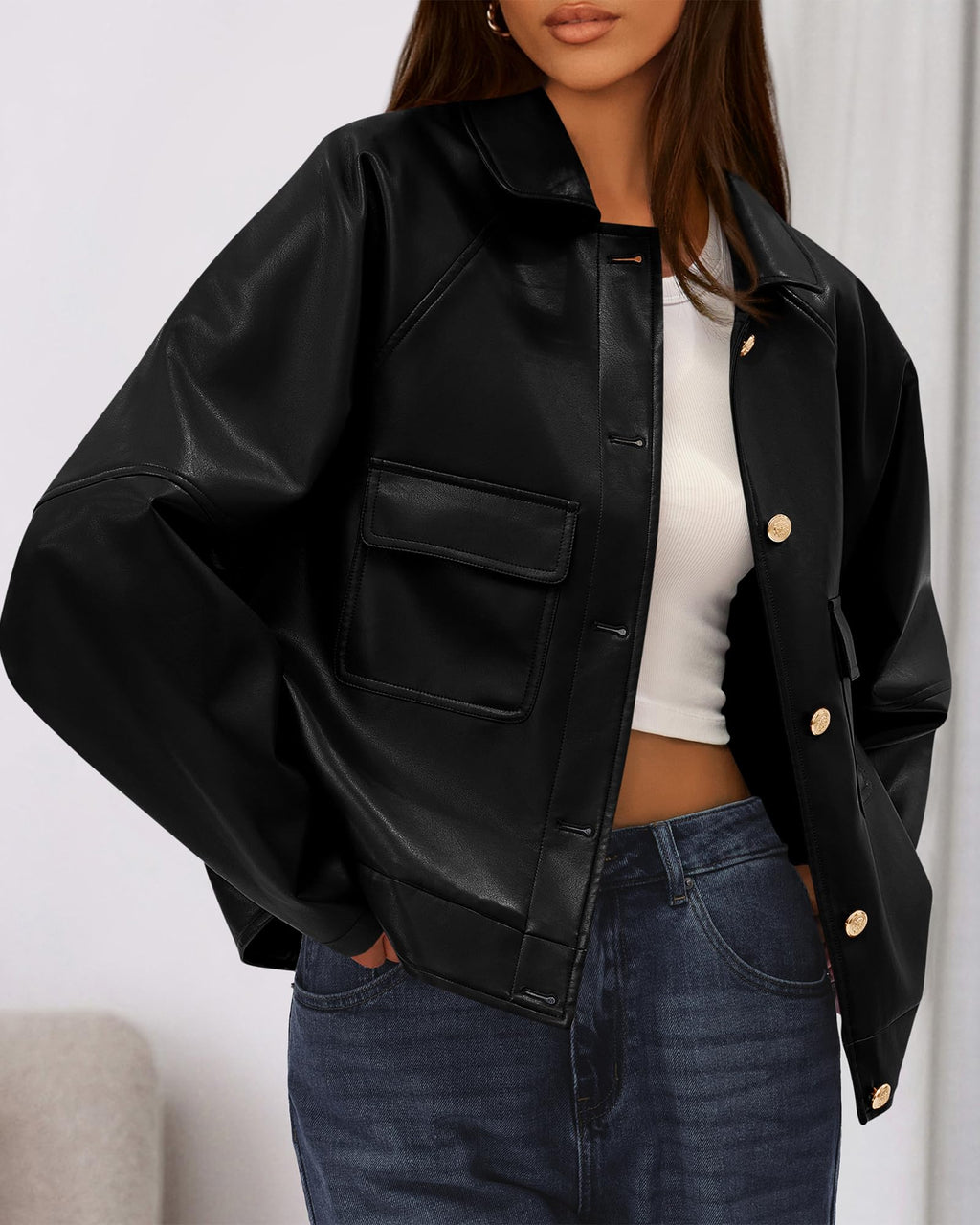 FreshPretty Leather Jacket Women Fall Clothes Long Sleeve Button Down Winter Coats Oversized Motorcycle Outwear