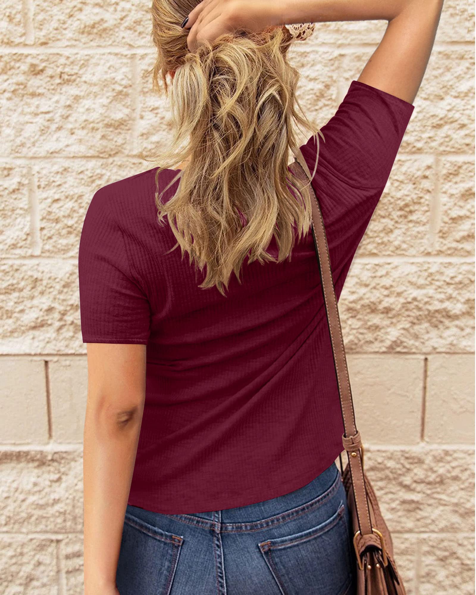 FreshPretty Women Summer Henley Tunic Top V Neck Short Sleeve Button UP Solid Slim Fit Casual Ribbed Knit Shirt Blouses