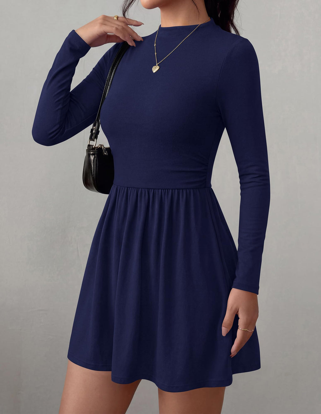 BTFBM Long Sleeve Dresses for Women Mock Neck A Line Flowy Mini Dress Swing Pleated Hem,Cocktail Party Club Holiday Going Out Outfits,Dressy Casual Winter,Trendy Early Fall Fashion Clothing