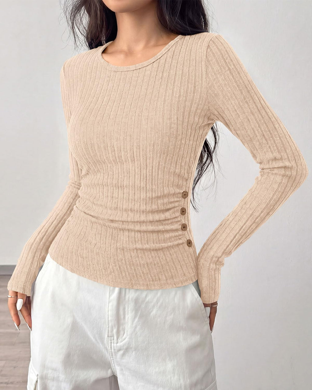 FreshPretty Womens Dressy Casual Tops Long Sleeve Fitted T-Shirts,Crew Neck,Lightweight Stretchy Sweater,Ribbed Knit Going Out Tops,Business Casual Outfits,Fall Tops,Winter Layer Clothes