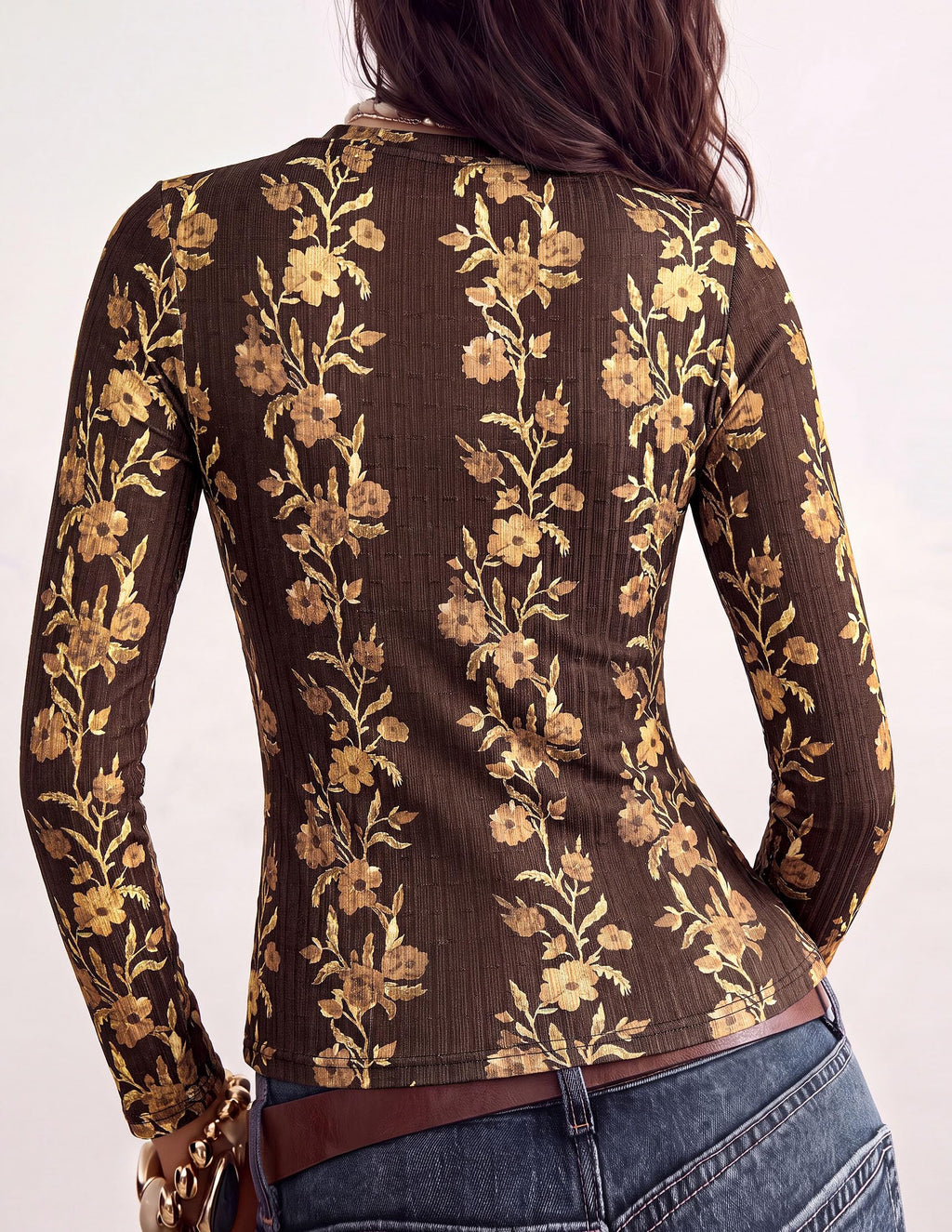 PRETTYGARDEN Womens Long Sleeve Shirts Floral Y2K Tops Soft Lightweight Ribbed Knit Top,Fitted Waist,Crew Neck Slim Fit,Going Out Vacation Outfits,Layering Fall Winter Clothes