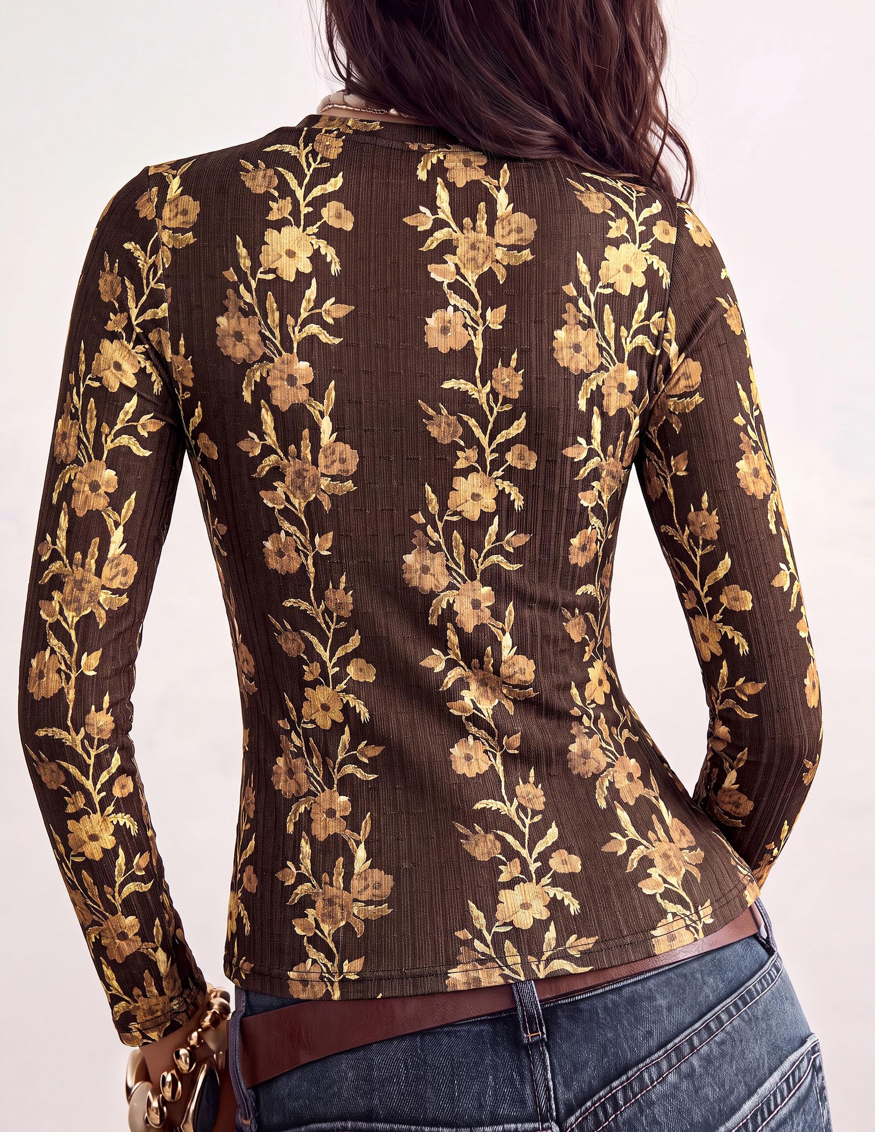 PRETTYGARDEN Womens Long Sleeve Shirts Floral Y2K Tops Soft Lightweight Ribbed Knit Top,Fitted Waist,Crew Neck Slim Fit,Going Out Vacation Outfits,Layering Fall Winter Clothes