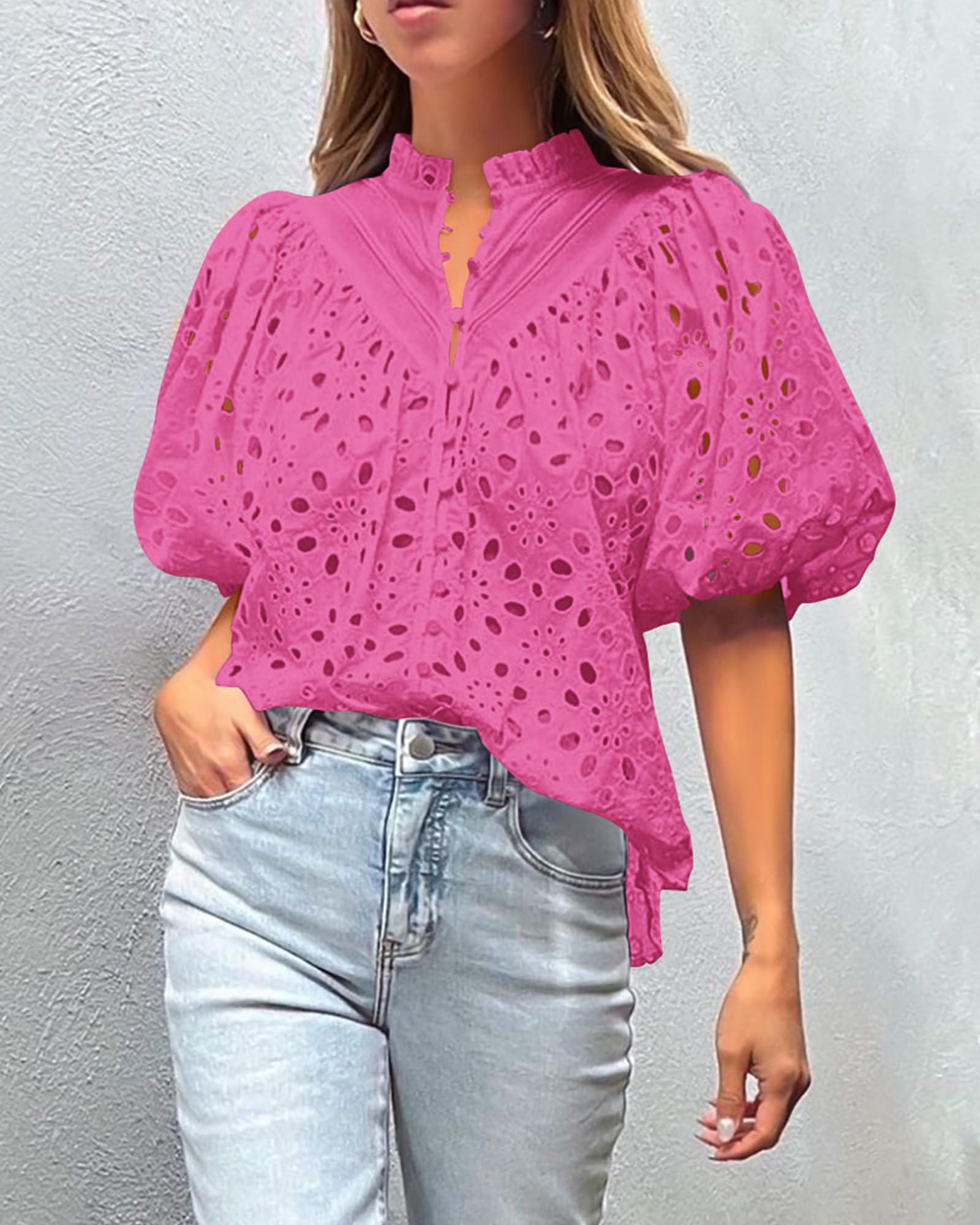 PRETTYGARDEN Women's Summer Tops Dressy Casual Short Sleeve V Neck Buttons Hollow Out Lace Embroidered Blouses Shirts
