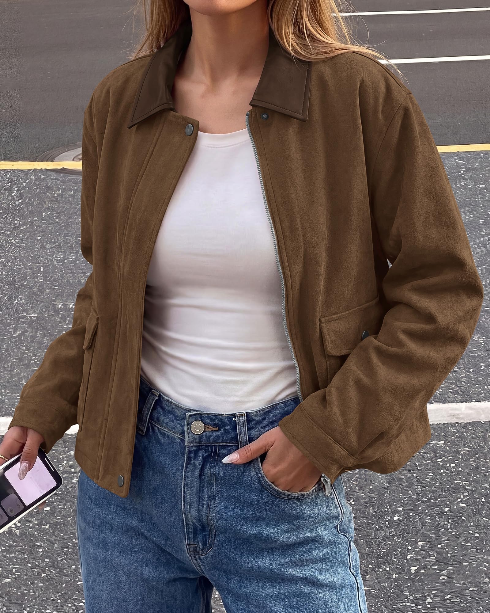 BTFBM Faux Suede Jacket Women Leather Lapel Zip Up Fall Outfits Button Down Long Sleeve Outerwear With Flap Pockets, Early Winter Coats, Motorcycle Jackets, Western Country Concert Outfits