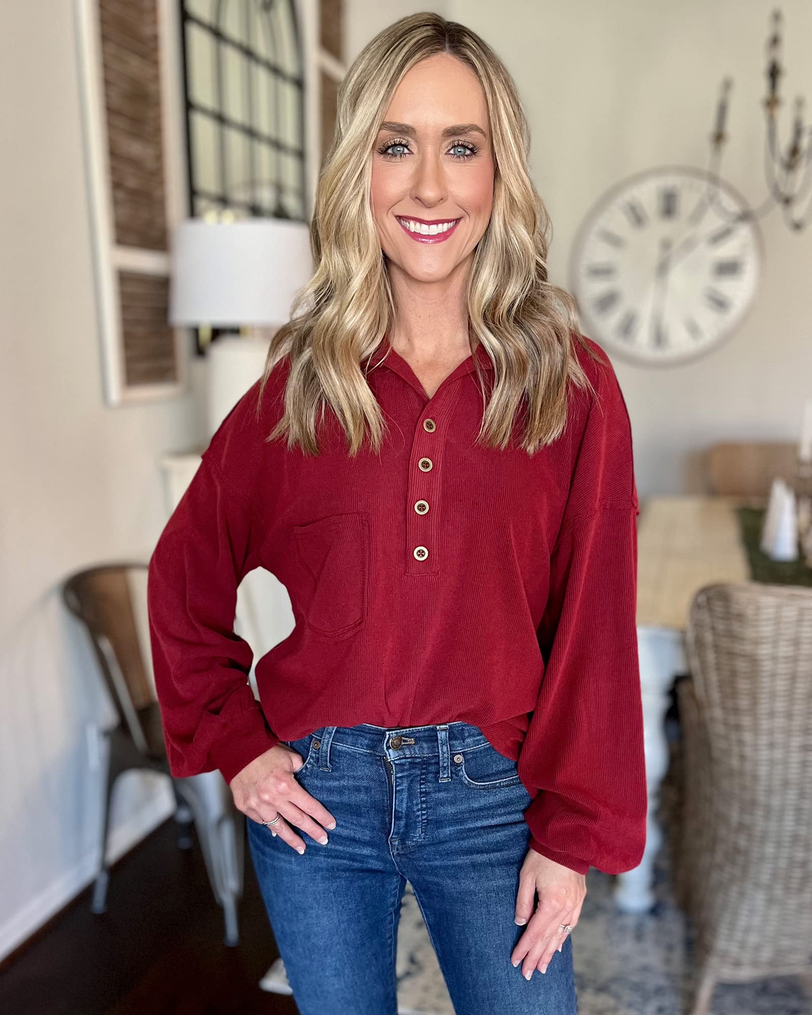 FreshPretty Womens Fall Fashion Long Sleeve Shirts Casual V Neck Ribbed Knit Blouses Pullover Trendy Loose Fit Tunic Tops