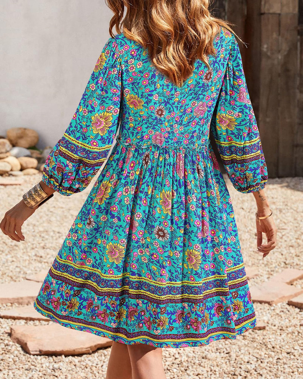 BTFBM Women Casual Spring Summer Dresses V Neck 3/4 Long Sleeve Ruffle Floral Flowy Boho Babydoll Mini Short Beach Dress