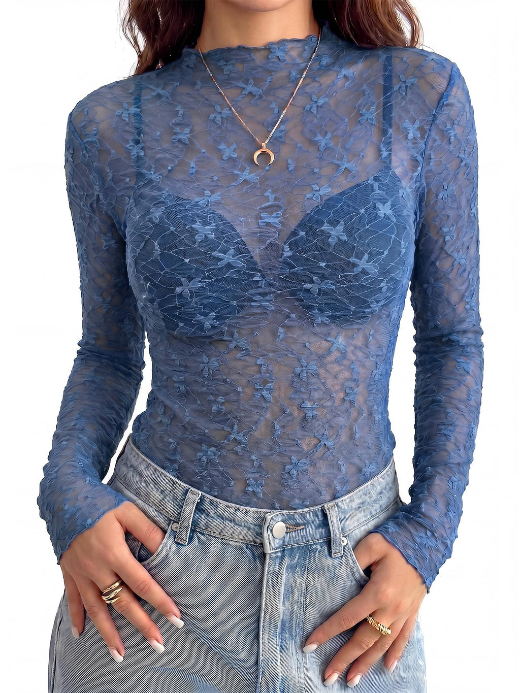 BTFBM Womens Tops Mesh Lace Long Sleeve Tops for Women Spring Fall Sheer See Through Tight Party Club Outfits