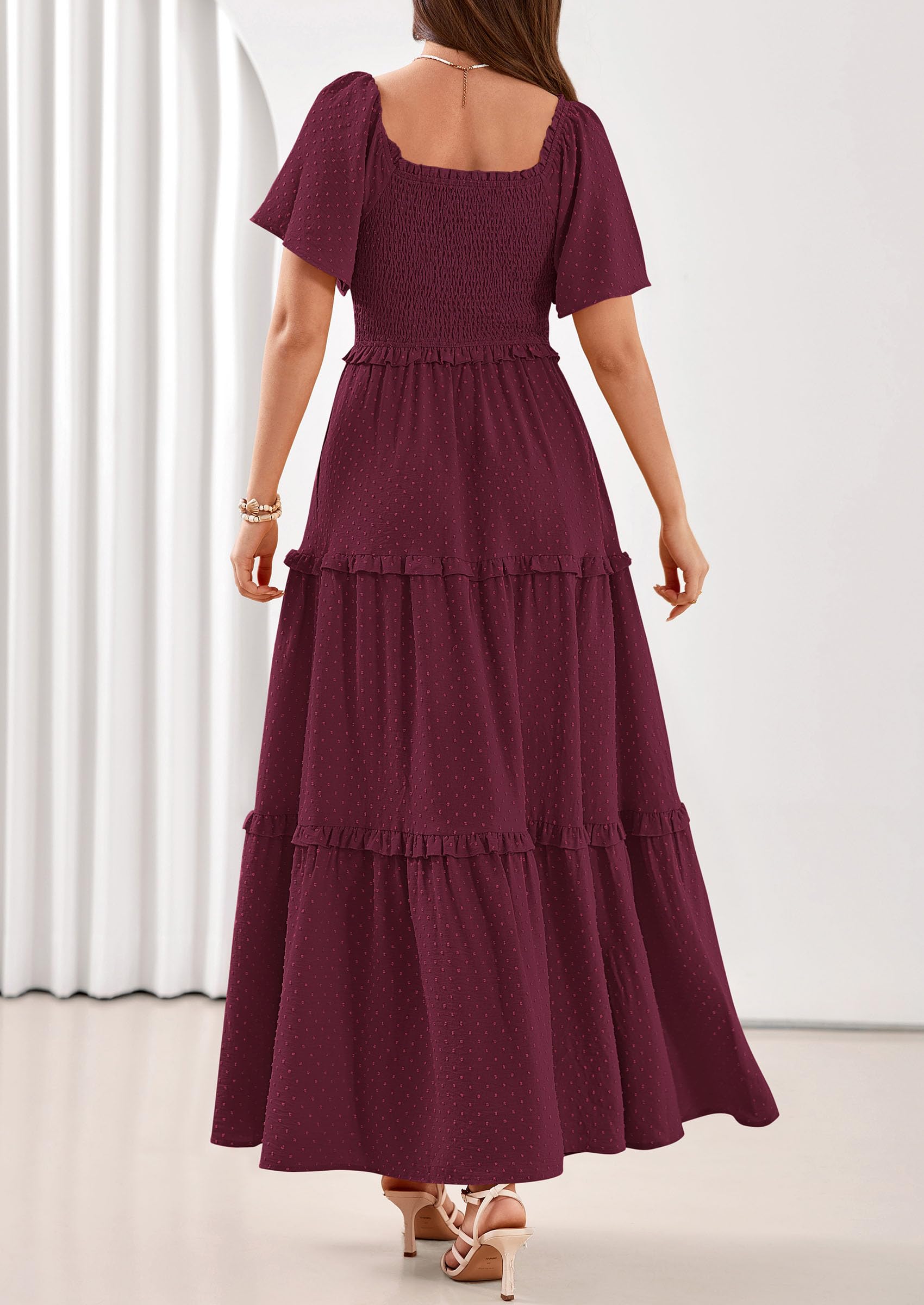 PRETTYGARDEN Summer Dresses for Women Boho Swiss Dot Smocked Square Neck Short Sleeve Spring Wedding Guest Maxi Dress