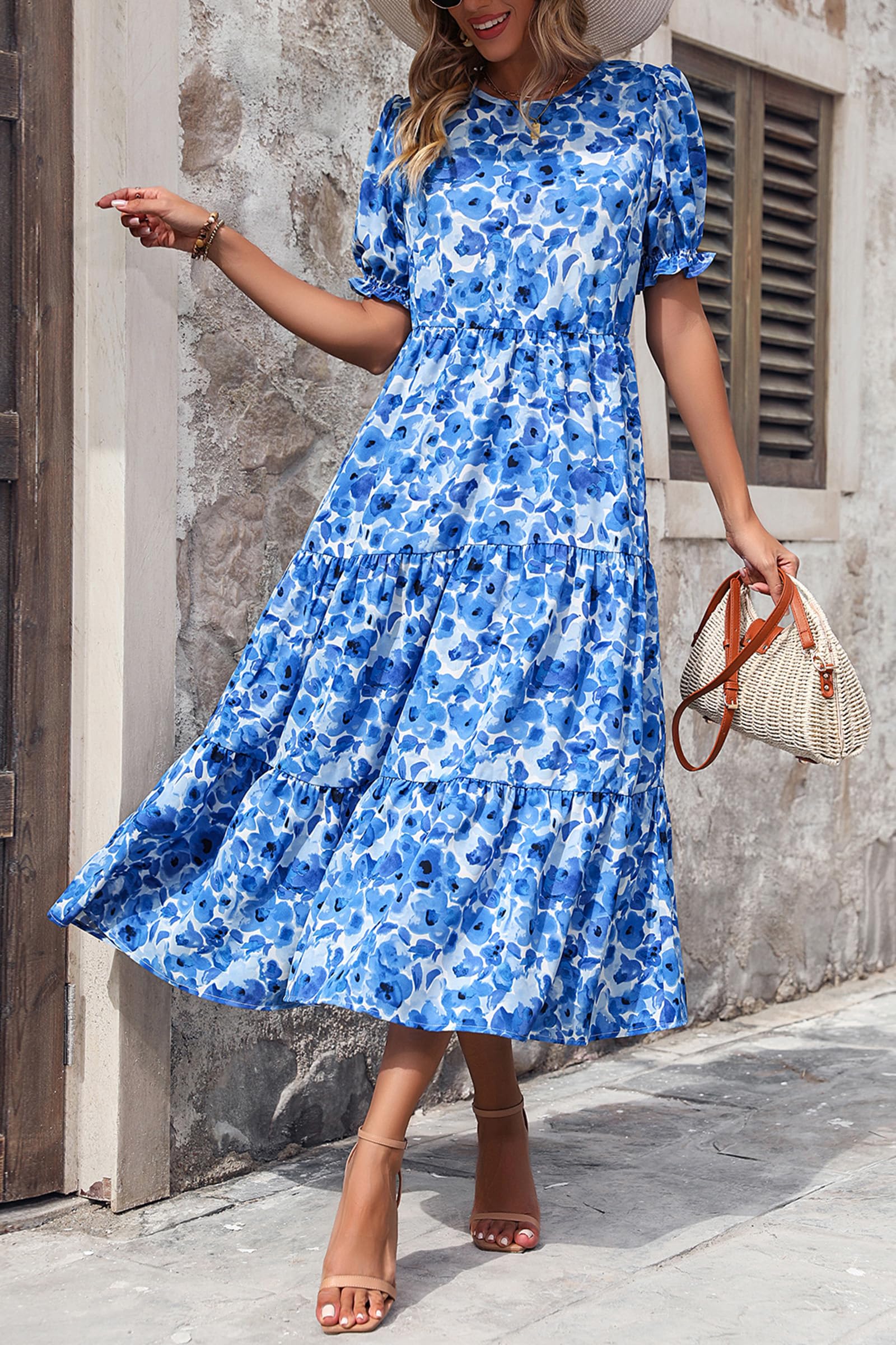 PRETTYGARDEN Summer Dresses for Women Casual Floral Boho Midi Sun Dress Puff Short Sleeve Flowy Beach Vacation Sundress