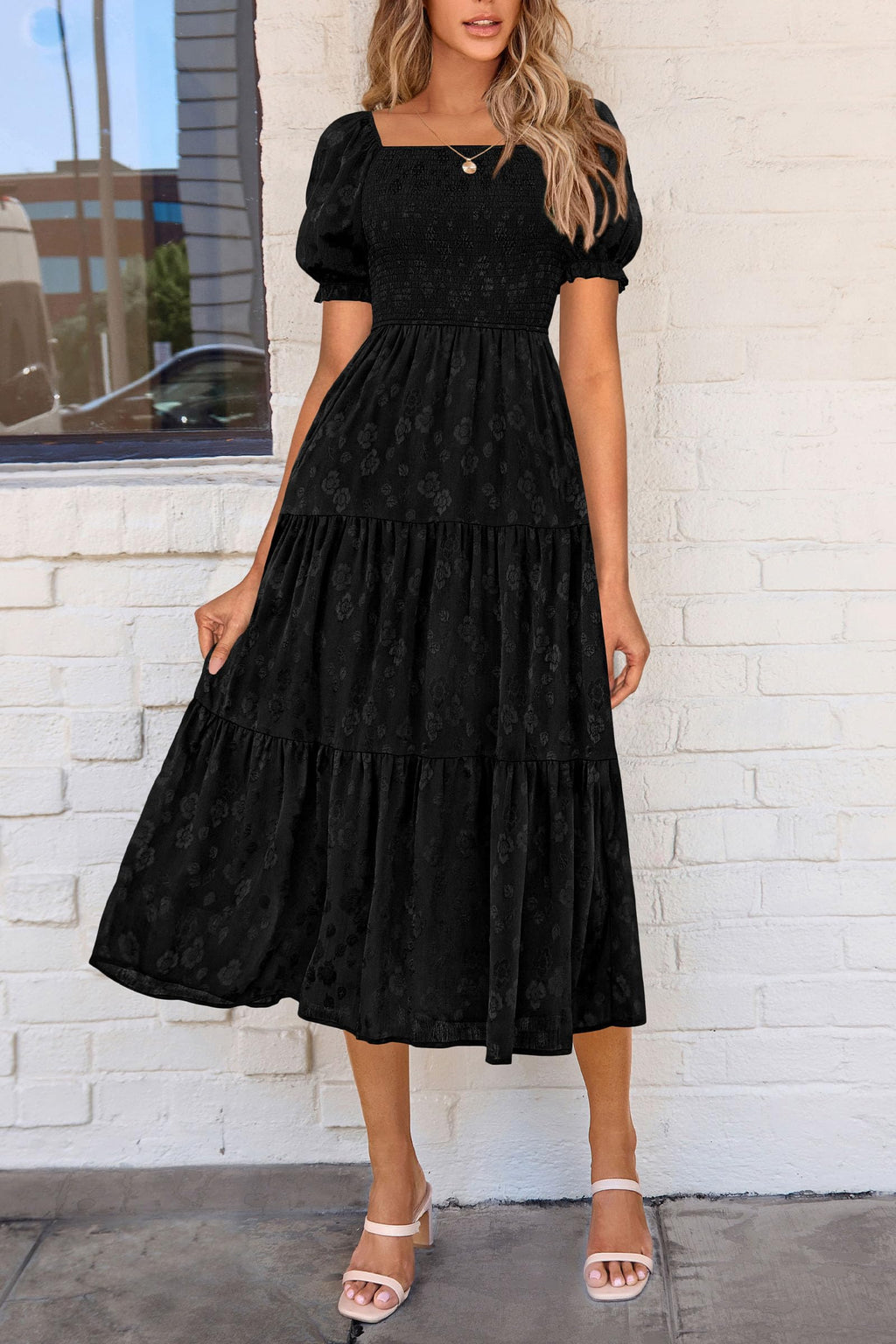 PRETTYGARDEN Women's Summer Casual Midi Dresses Square Neck Short Sleeve Smocked A Line Floral Flowy Elegant Boho Dress