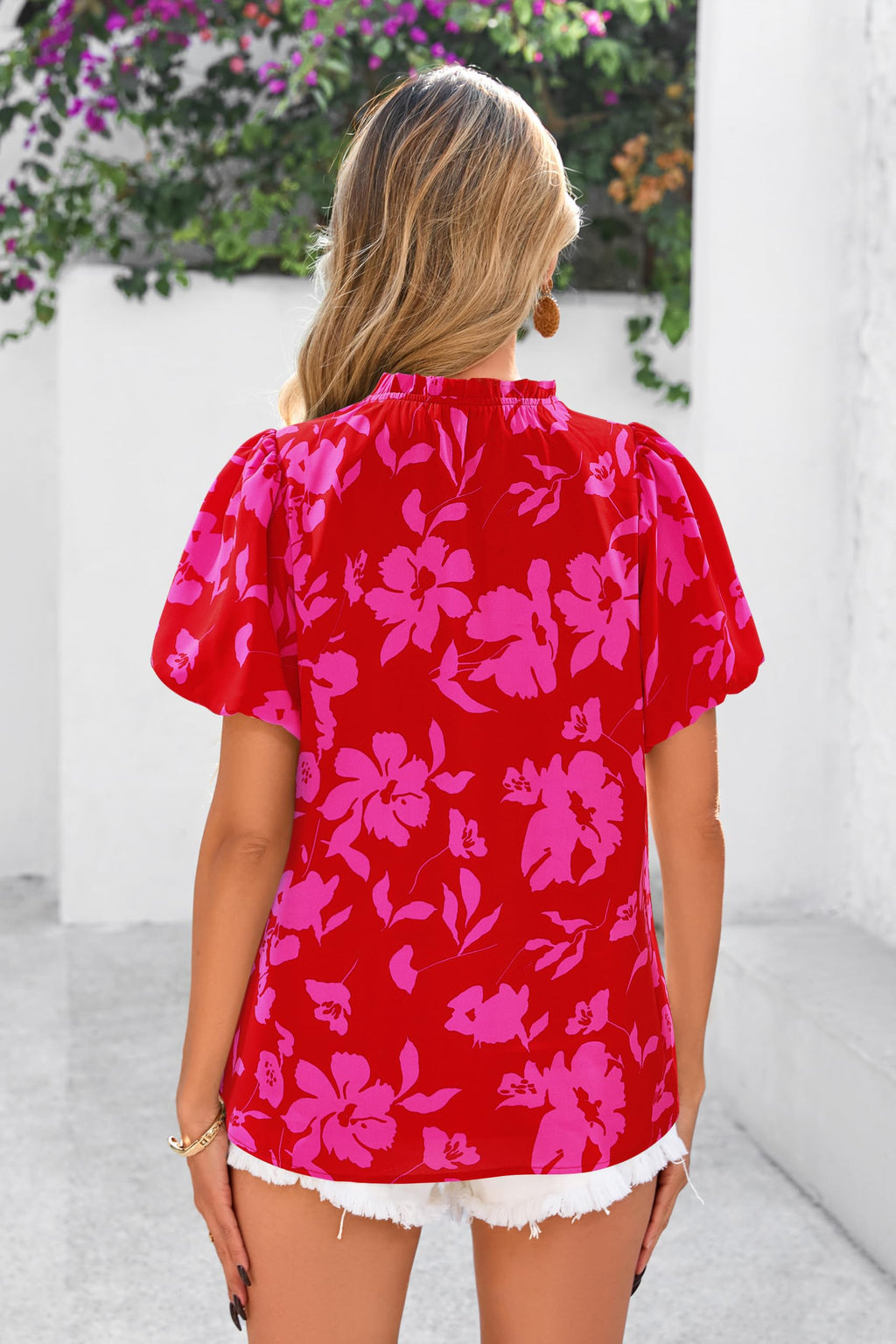 PRETTYGARDEN Boho Short Sleeve Floral Work Blouses for Women Dressy Casual V Neck Puff Sleeve Loose Chiffon Flowy Tops Shirts